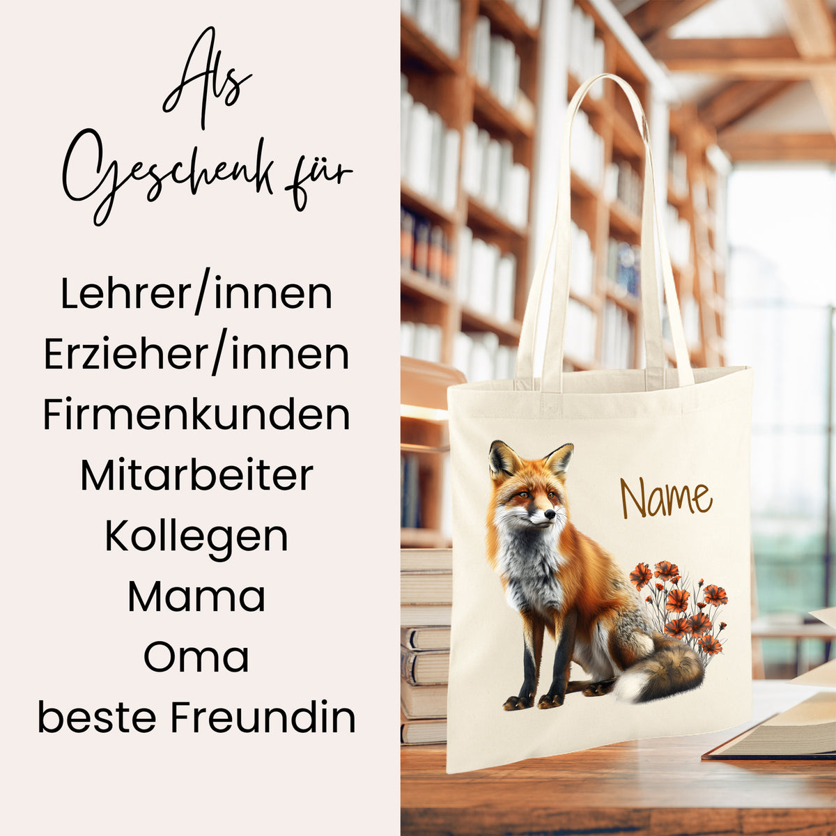 Beige Tragetasche mit Fuchs und Blumenmotiv.