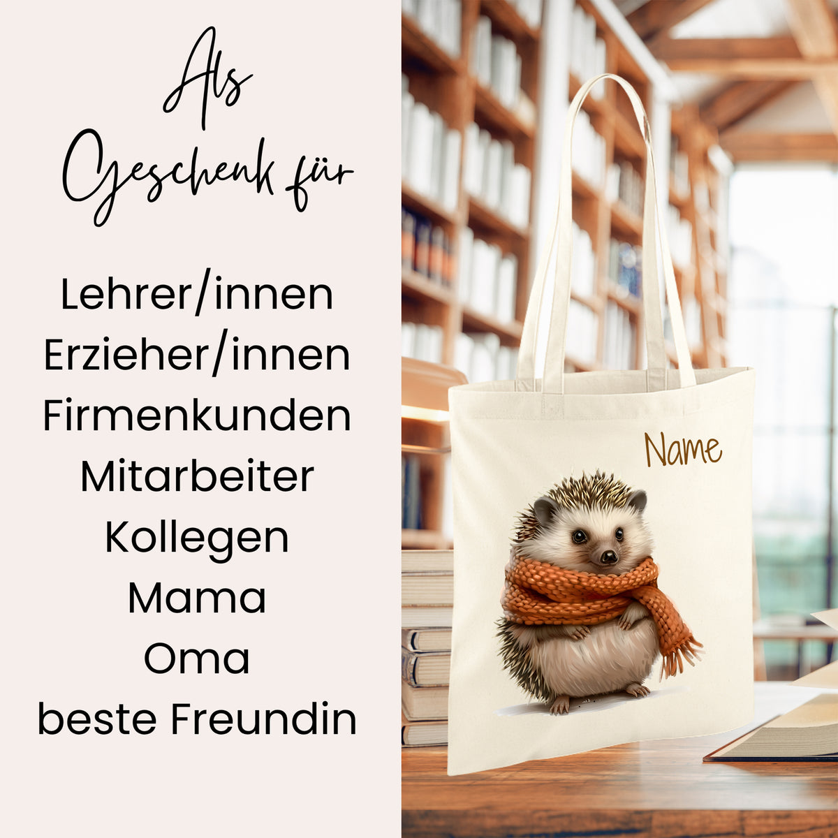 Beige Tragetasche mit Igel und personalisierbarem Namen.