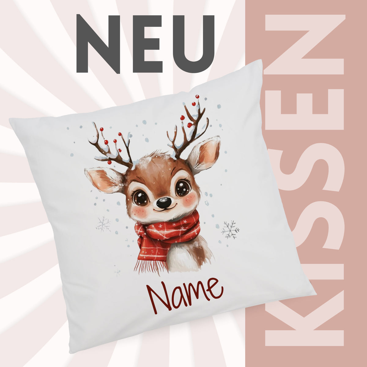 Kissen mit niedlichem Reh-Motiv und rotem Schal.