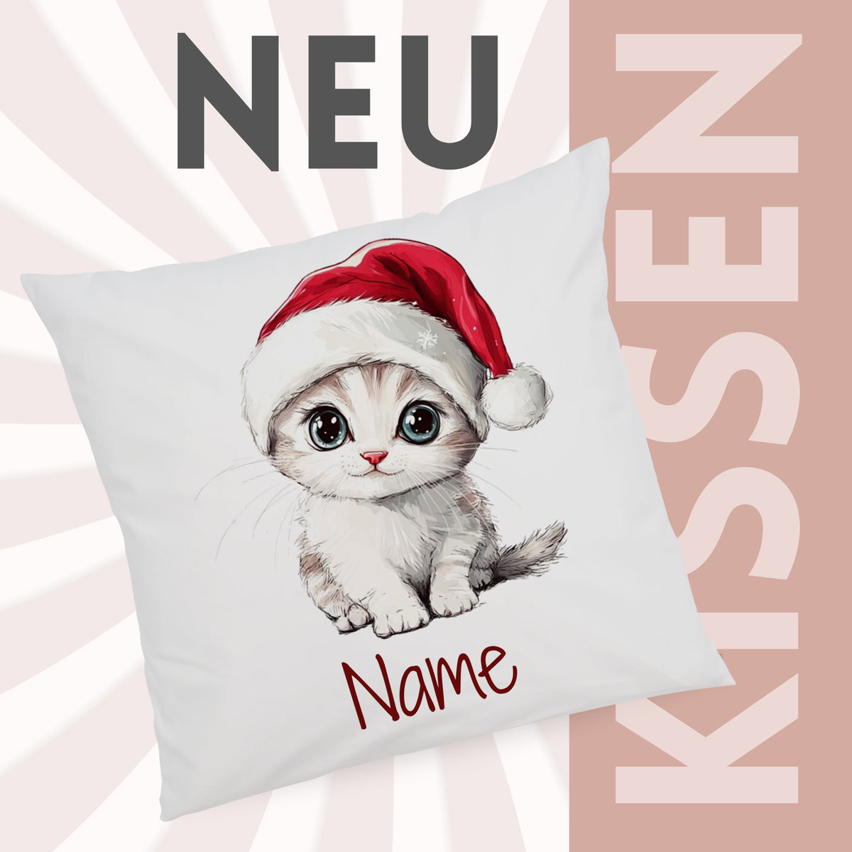 Kissen mit niedlichem Kätzchen und Weihnachtsmütze, personalisierbar.