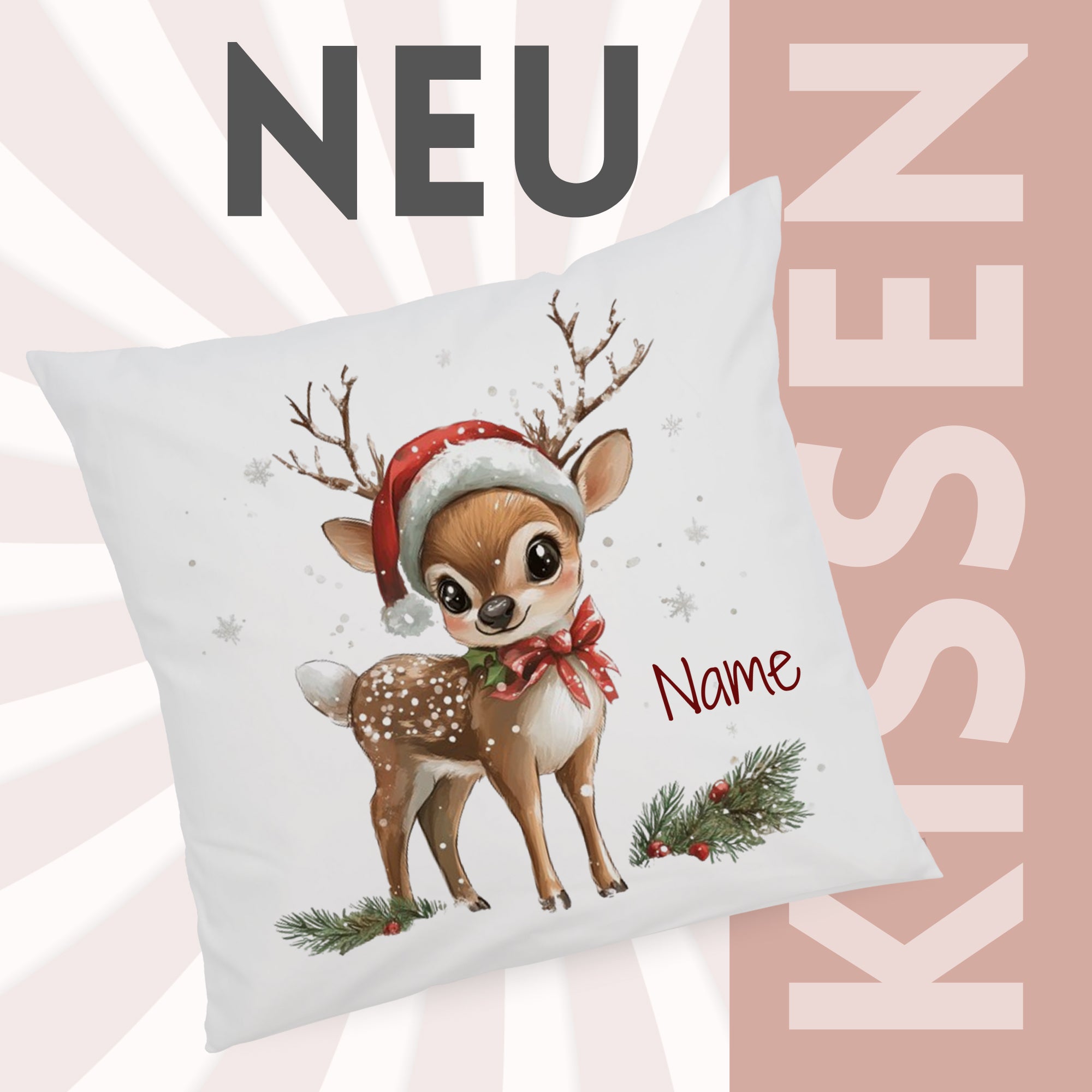 Kissen mit niedlichem Reh, rot-weißer Weihnachtsmütze.