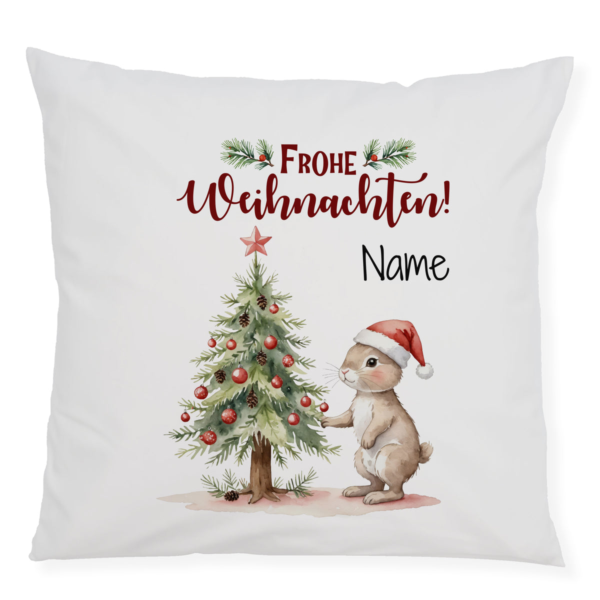 Kissen mit Weihnachtsmotiv, Hase und Tannenbaum.