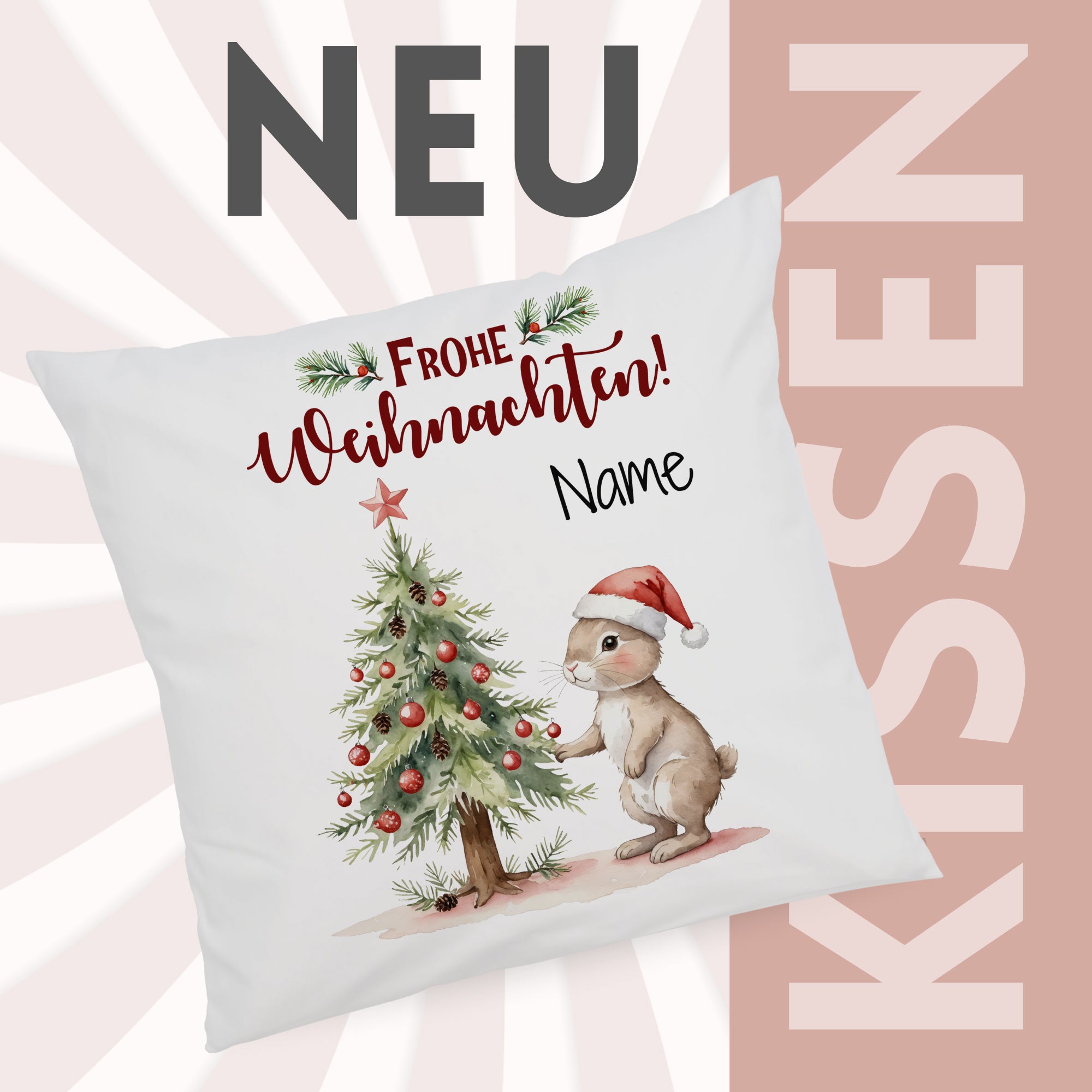 Weißes Kissen mit Weihnachtsmotiv und personalisierbarem Namen.