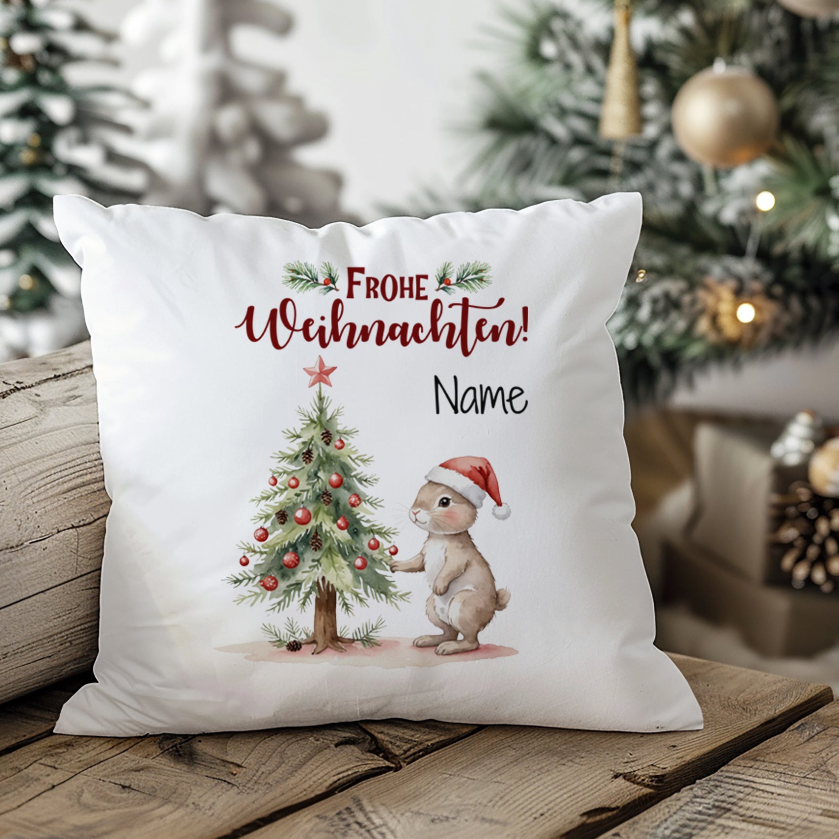 Kissen mit Weihnachtsmotiv, Hase, Tannenbaum, personalisierbar.