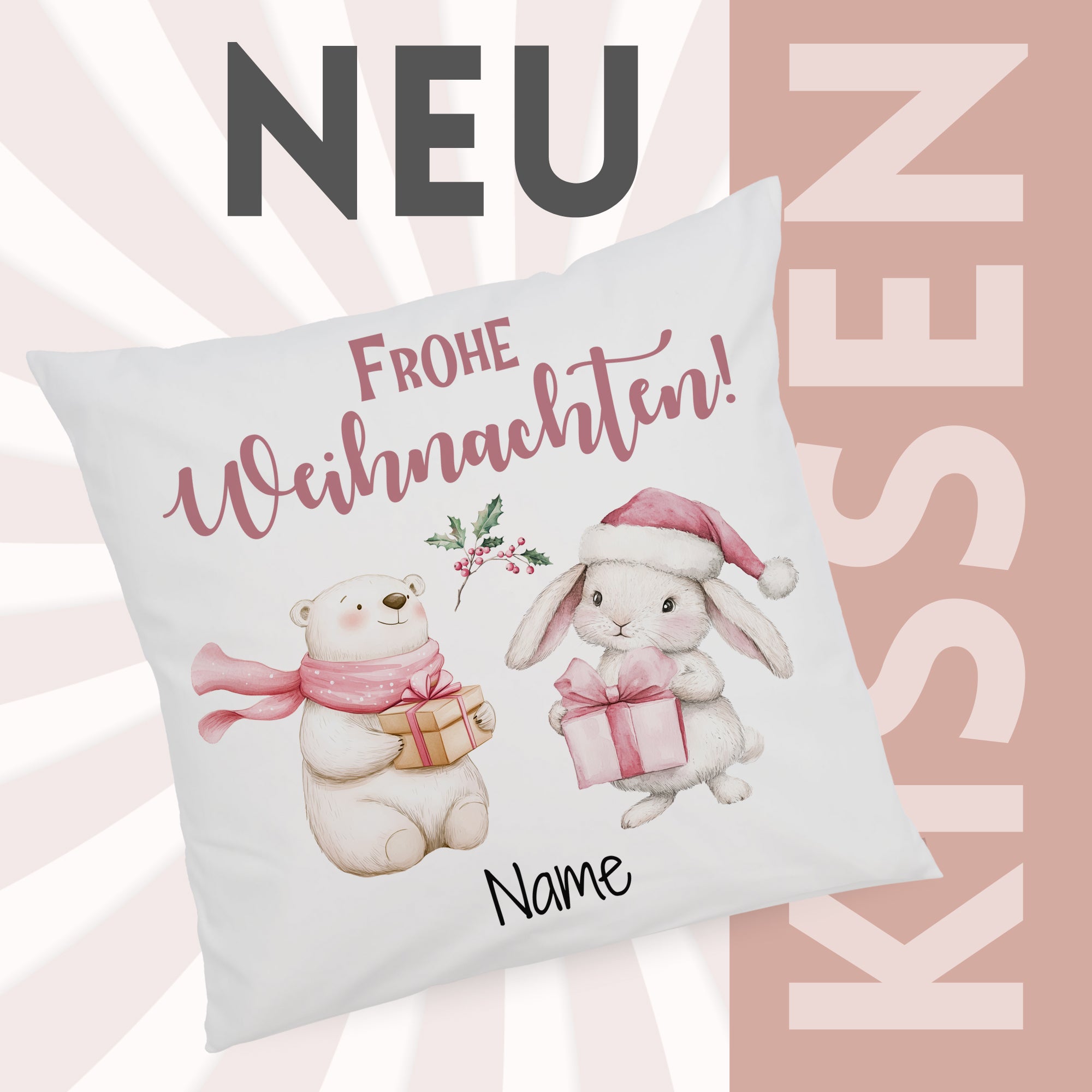 Kissen mit Weihnachtsmotiven, Bär und Hase, weiß.