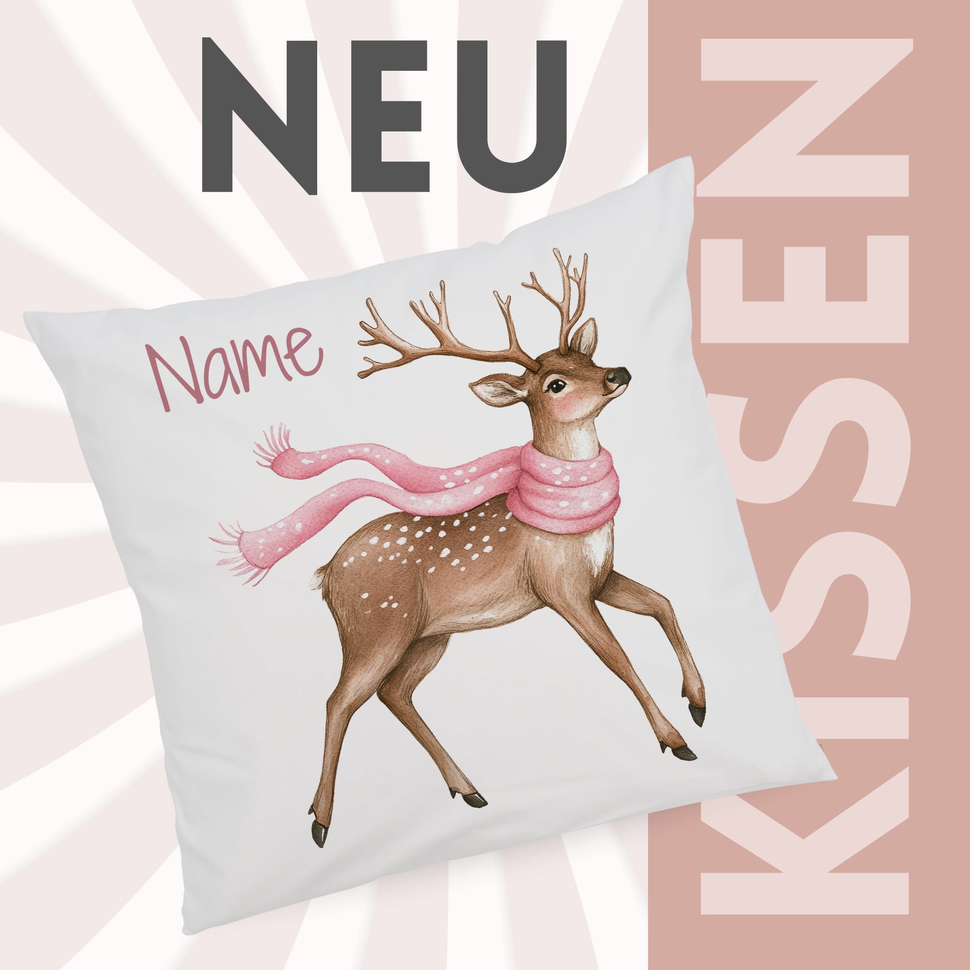 Kissen mit Reh-Motiv und pinkem Schal, personalisierbar.