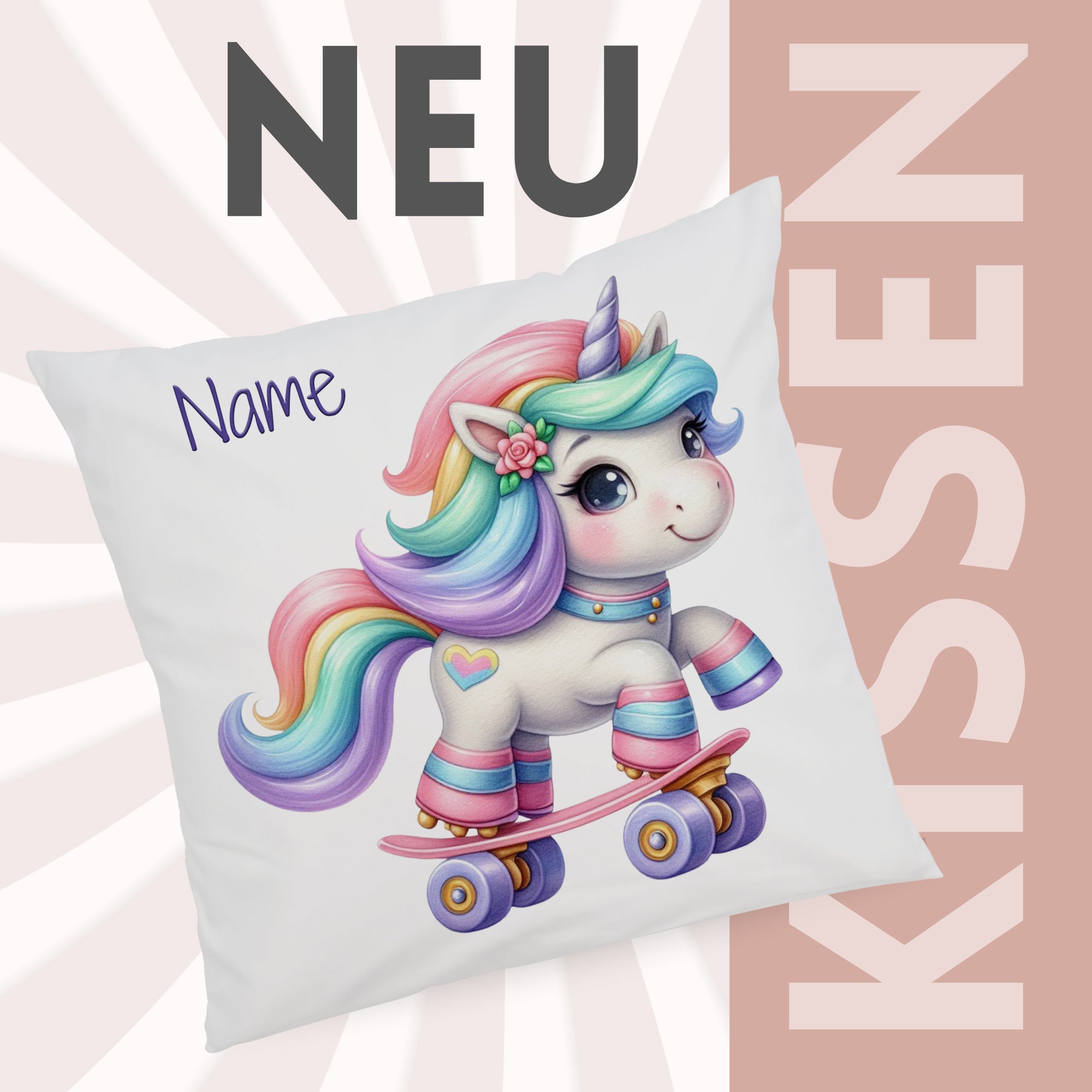 Kissen mit buntem Einhorn auf Skateboard, personalisierbar.