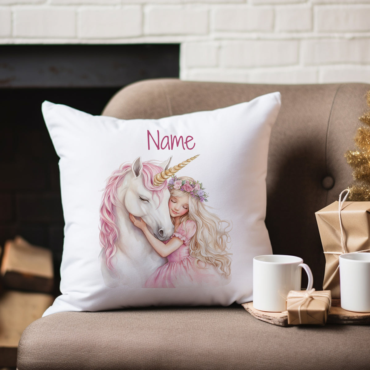 Kissen mit Einhorn-Motiv, rosa und weiß, personalisierbar.