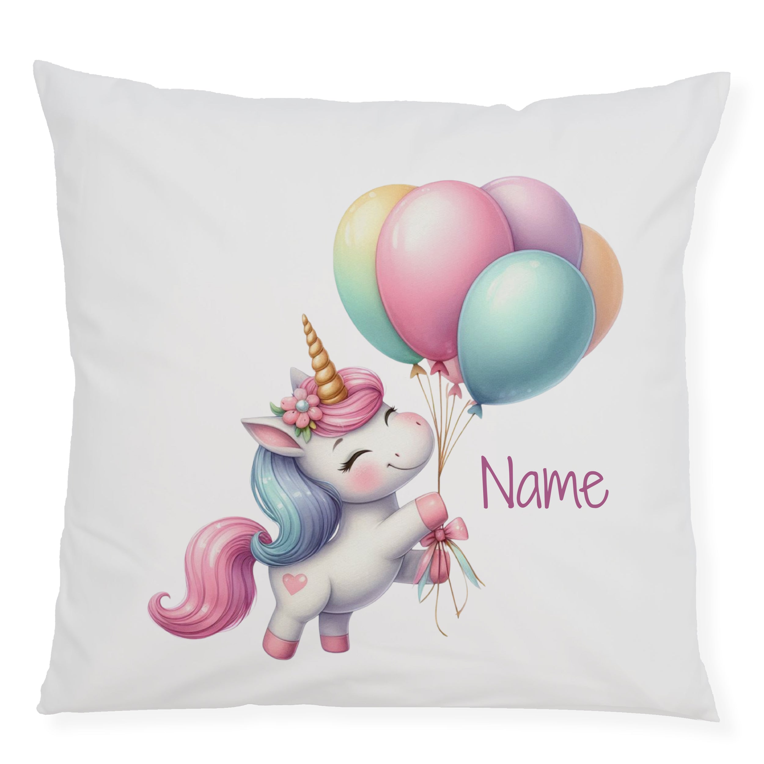 Einhorn-Kissen mit bunten Ballons und personalisierbarem Namen.