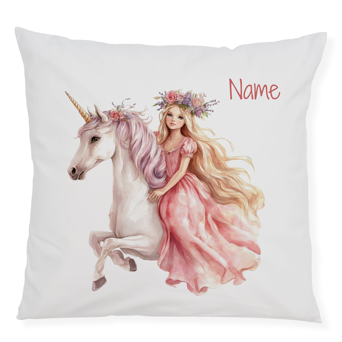 Kissen mit Einhorn und Mädchen in rosa Kleid.