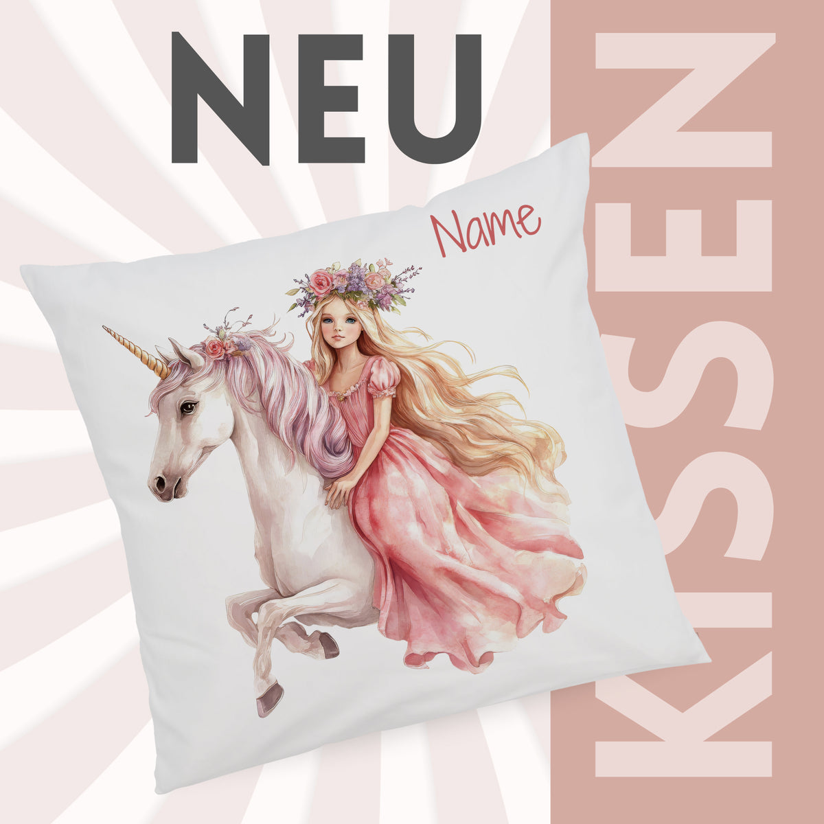 Kissen mit Einhorn-Motiv und rosa Kleid, personalisierbar.