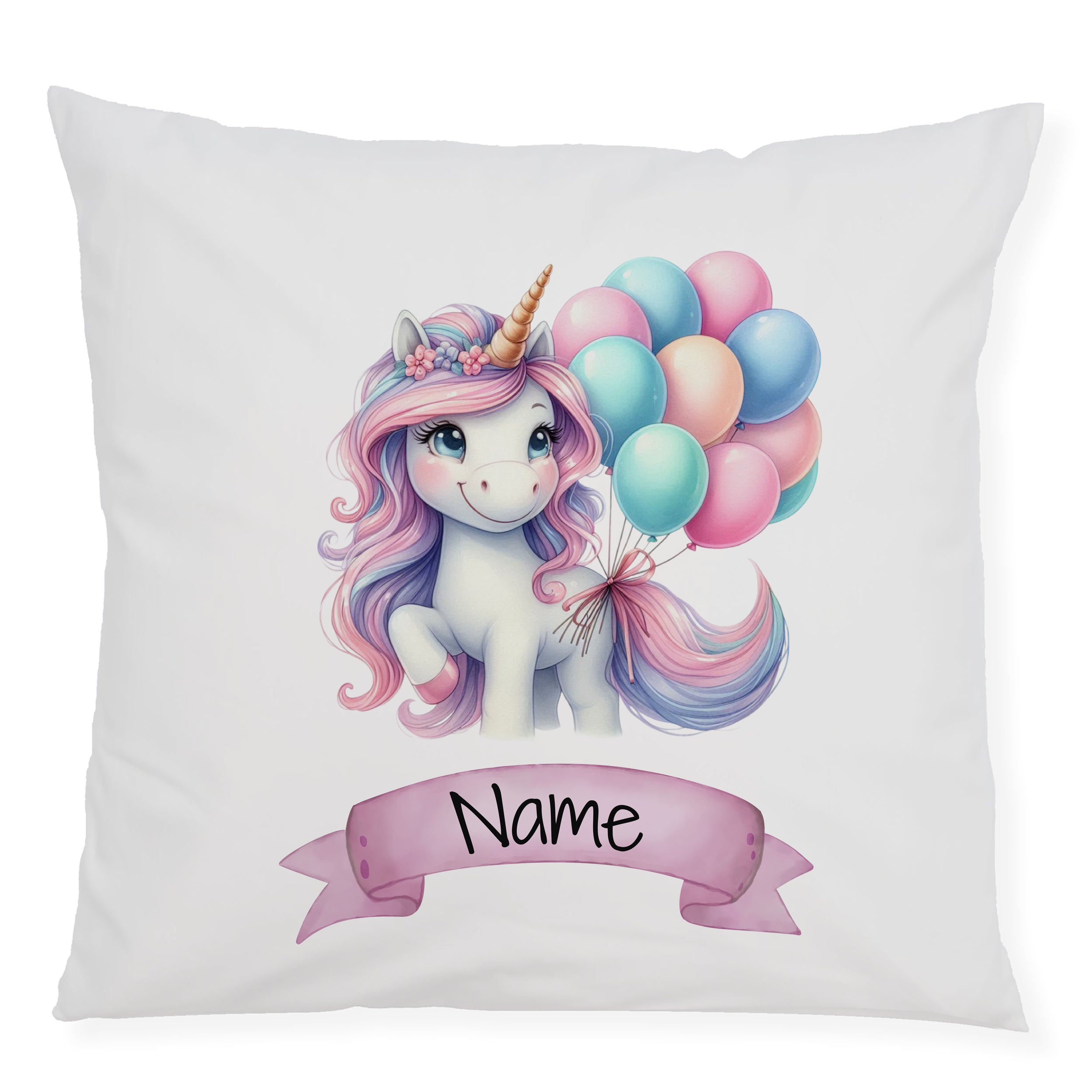 Einhorn-Kissen mit bunten Ballons und personalisierbarem Namen.