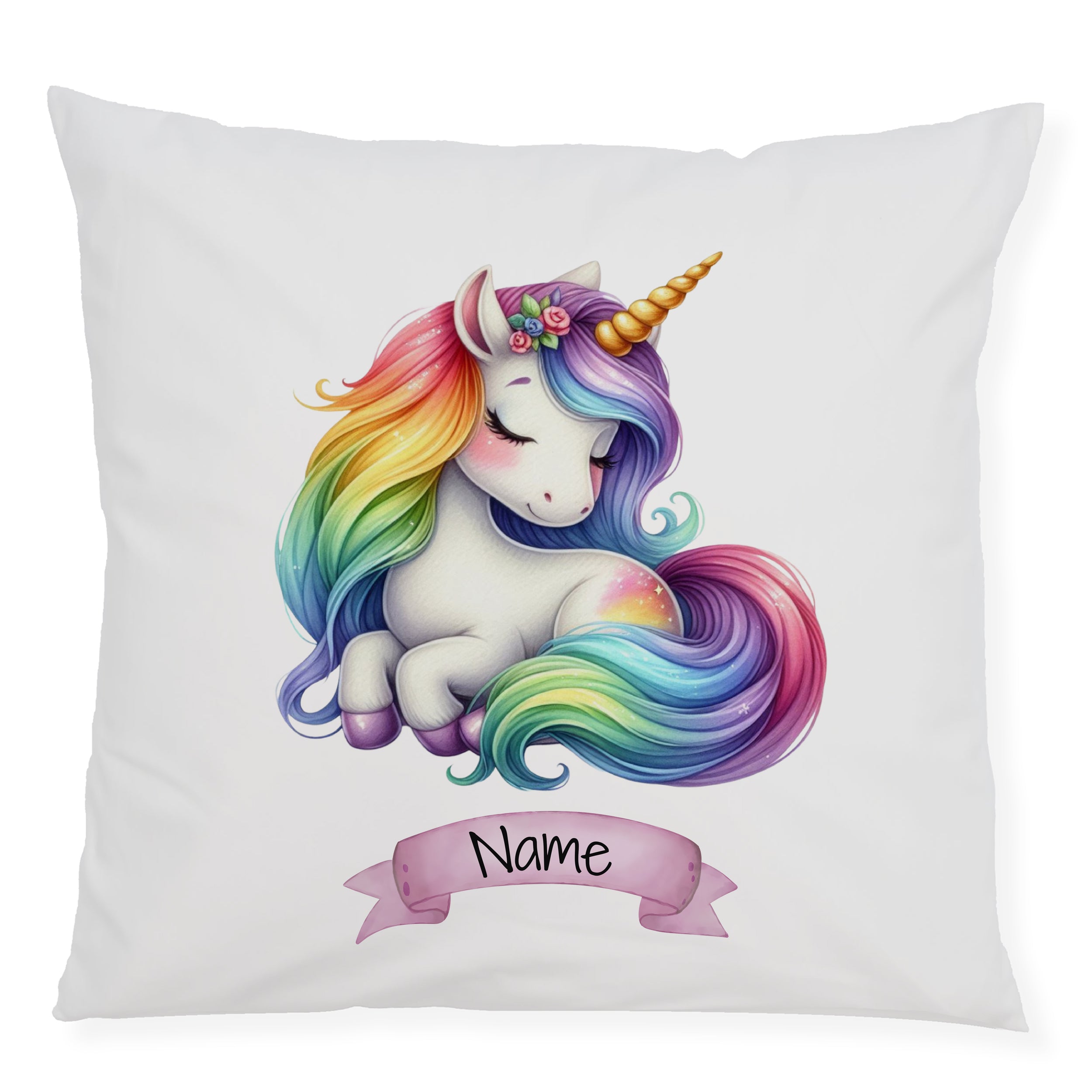 Kissen mit buntem Einhorn und personalisierbarem Namen.