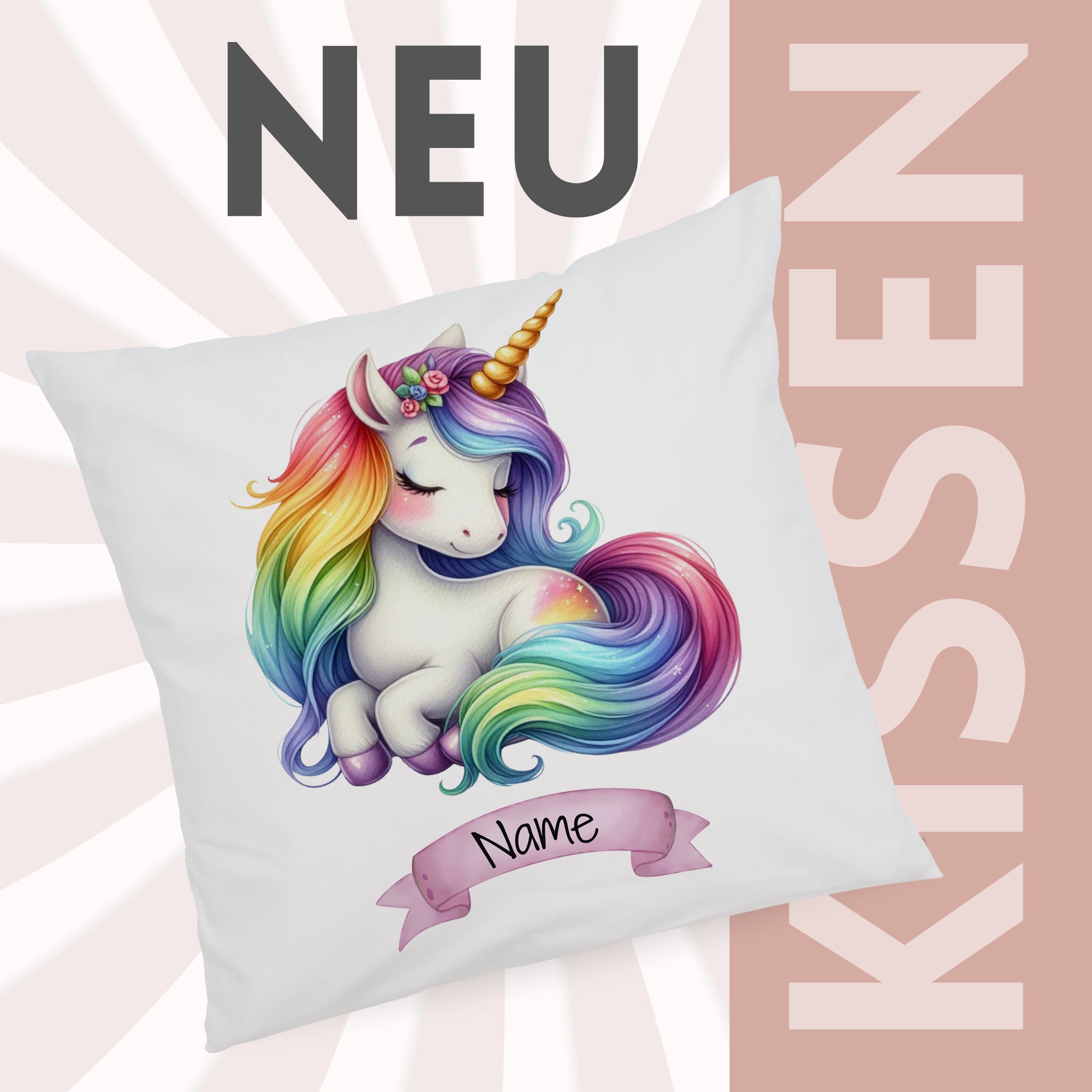 Kissen mit buntem Einhorn und personalisierbarem Namen.