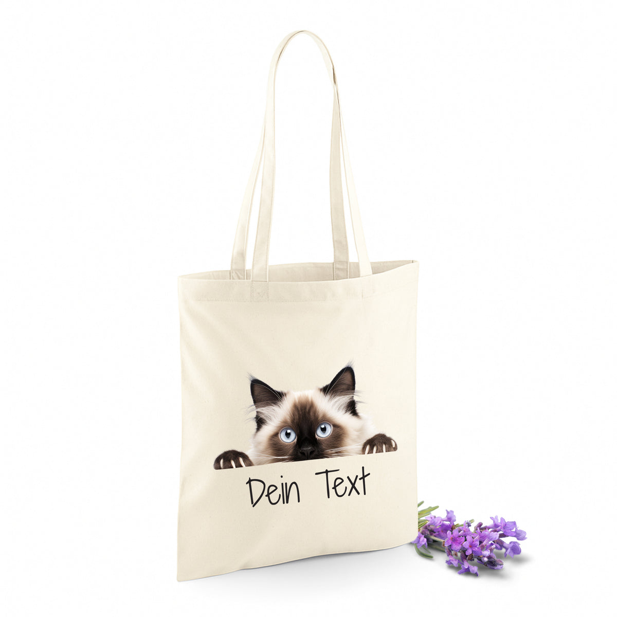 Beige Stofftasche mit Katzenmotiv und personalisierbarem Text.