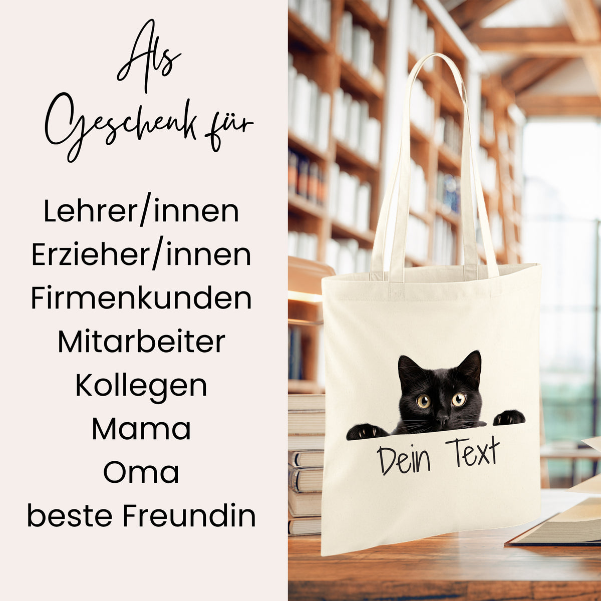 Beige Tragetasche mit schwarzer Katze und personalisierbarem Text.