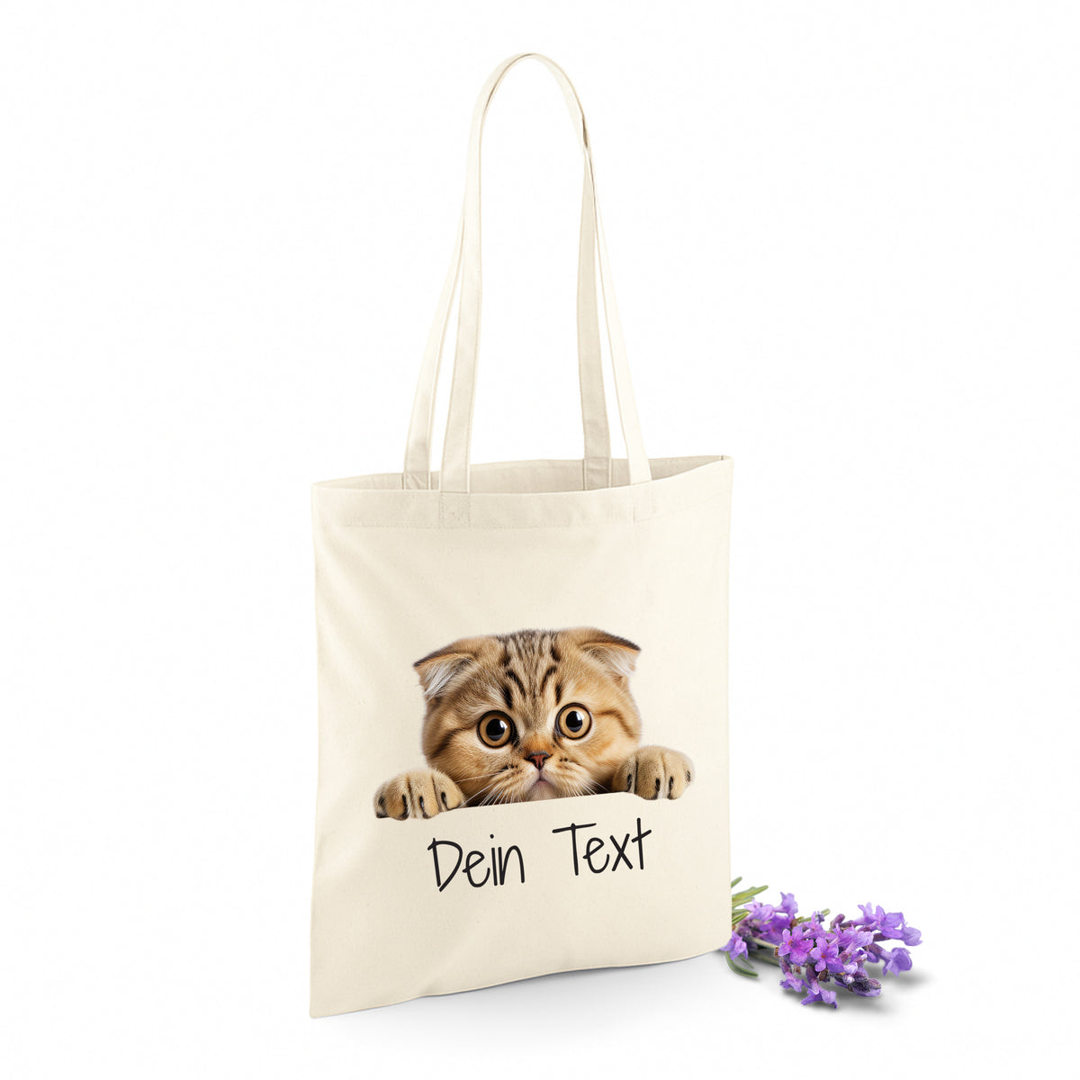 Beige Stofftasche mit niedlichem Katzenmotiv und personalisierbarem Text.