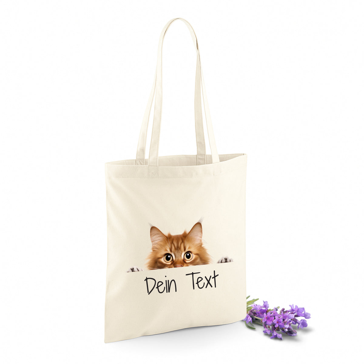 Beige Stofftasche mit Katzenmotiv und personalisierbarem Text.