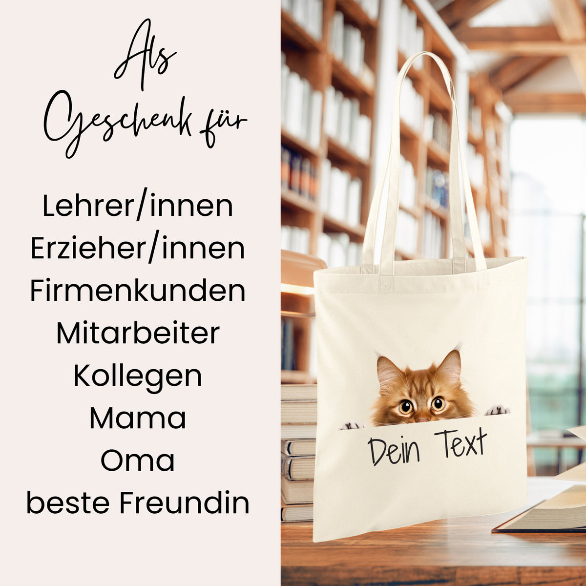 Beige Tragetasche mit Katzenmotiv und personalisierbarem Text.