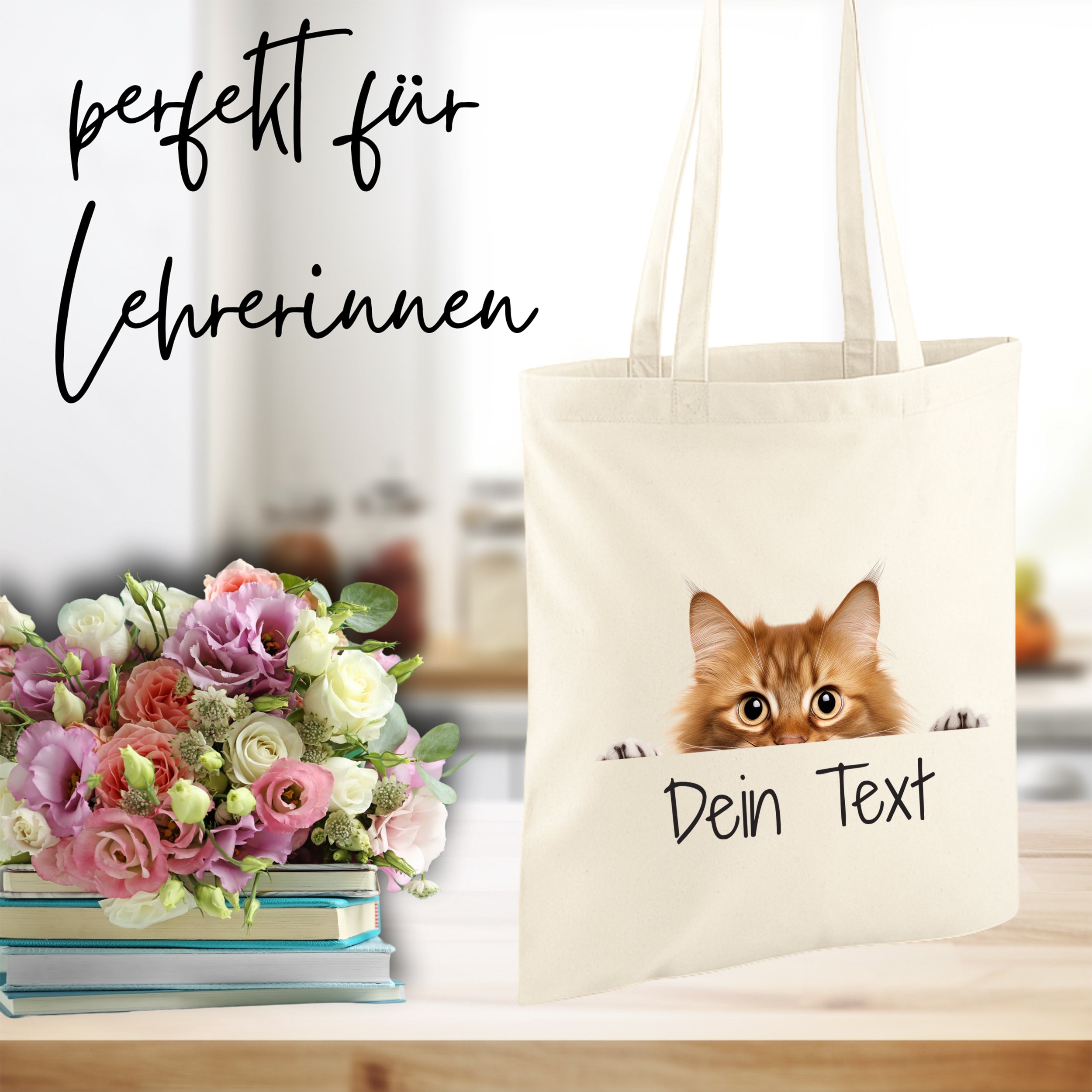 Beige Baumwolltasche mit Katzenmotiv und personalisierbarem Text.