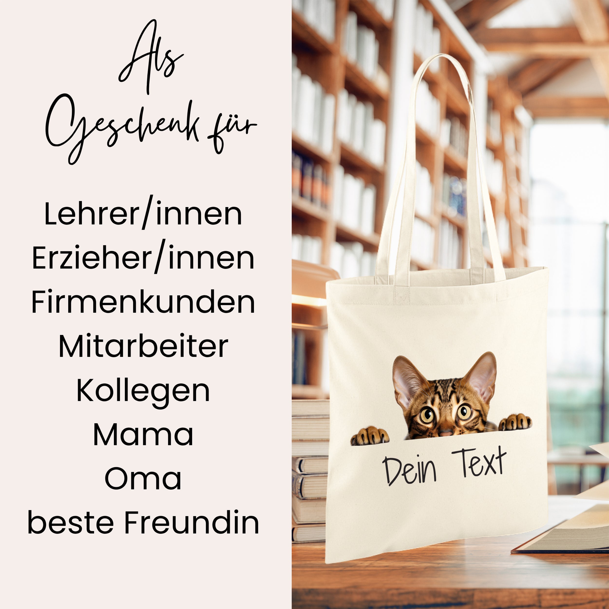 Beige Stofftasche mit Katzengesicht und personalisiertem Text.