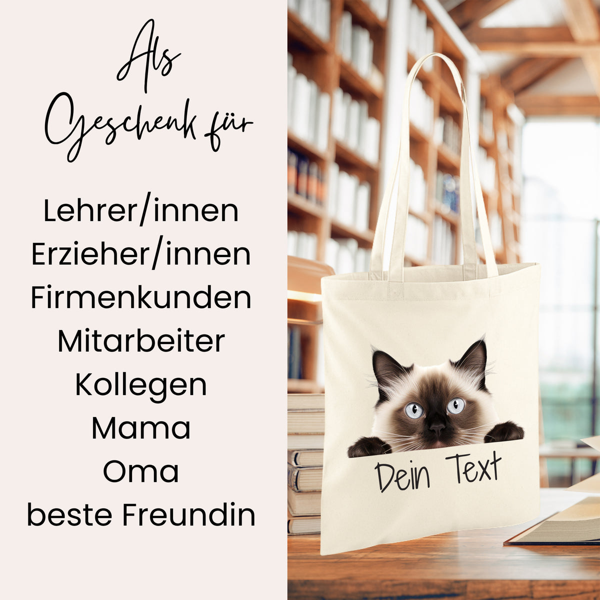 Beige Tasche mit Katze, personalisierbar für Geschenke.