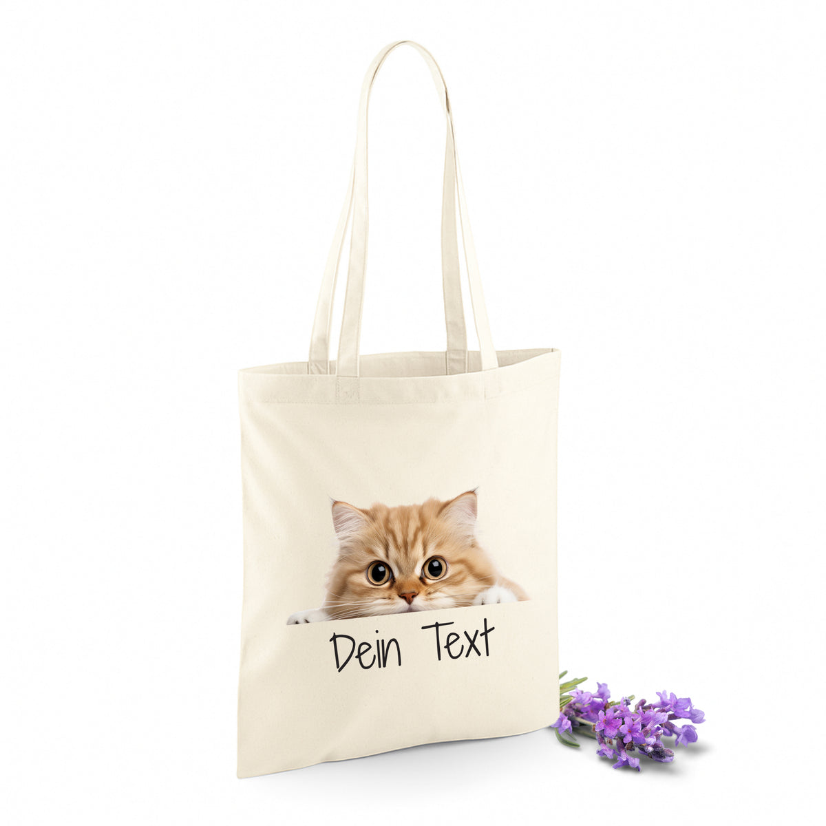 Beige Tragetasche mit Katzenmotiv und personalisierbarem Text.
