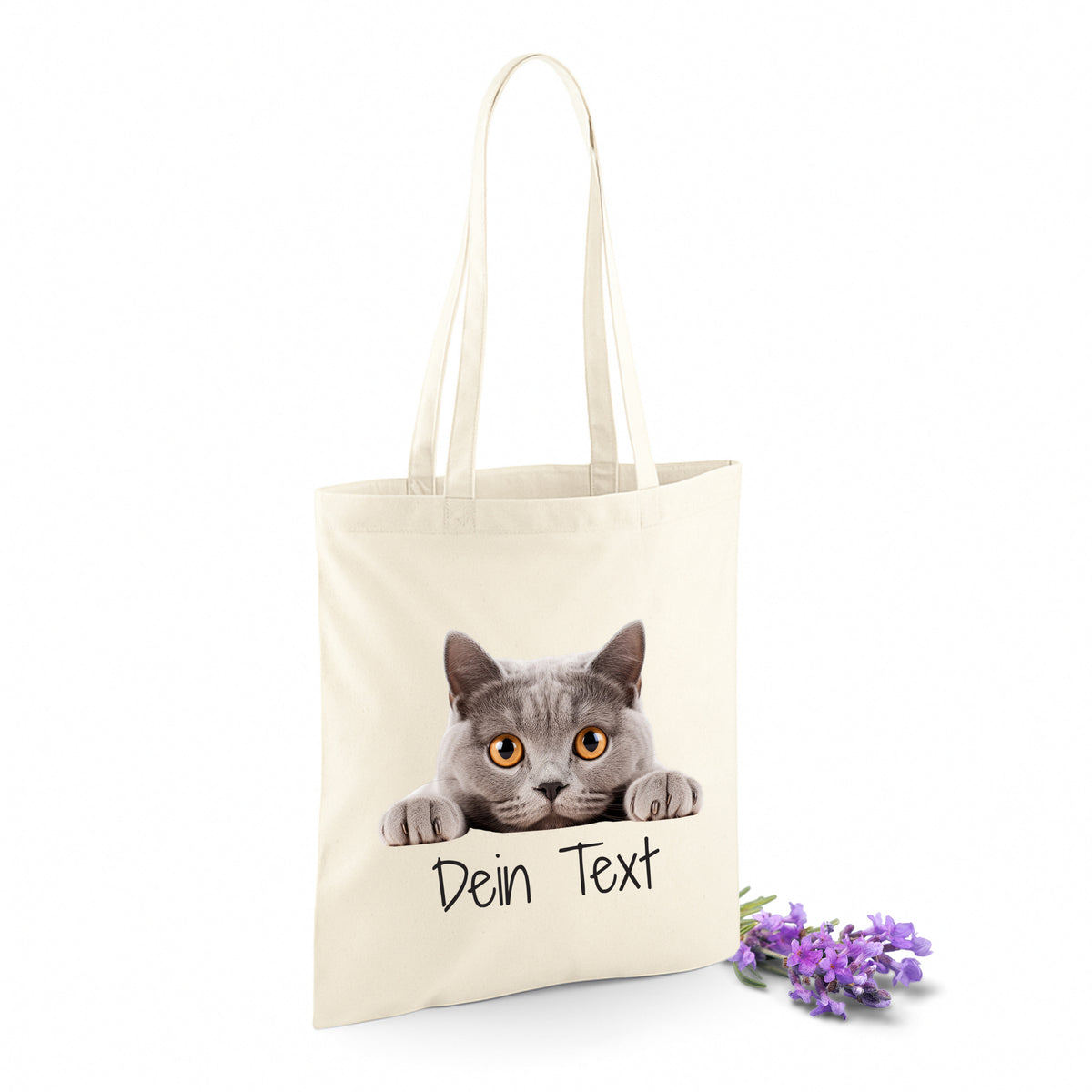 Beige Stofftasche mit grauer Katzenillustration und personalisierbarem Text.