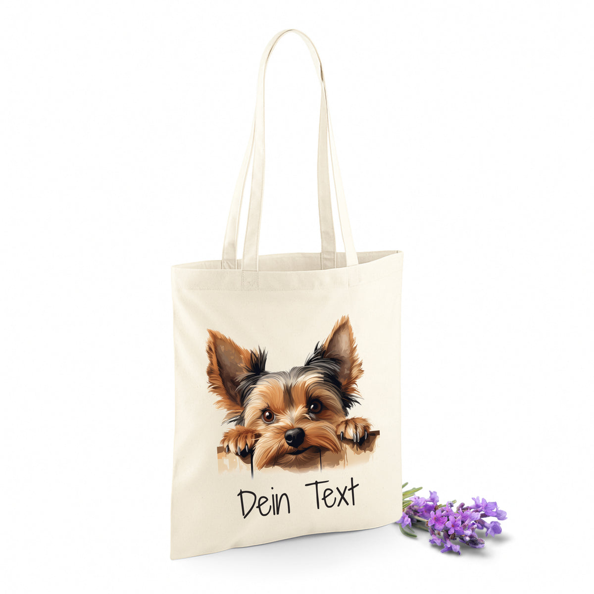 Beige Tragetasche mit Yorkshire Terrier und personalisiertem Text.