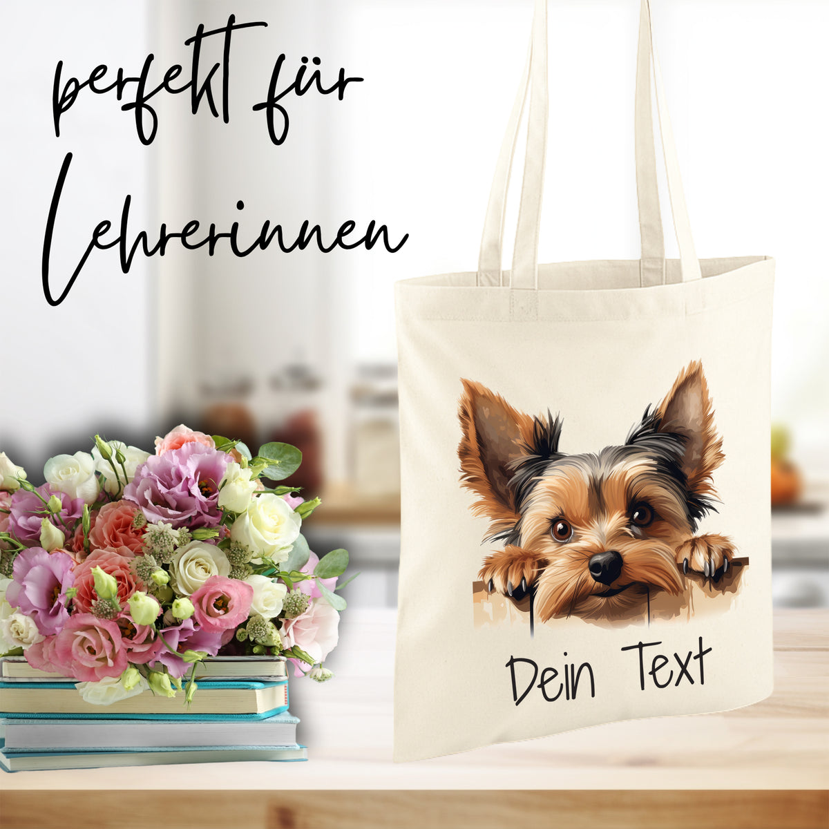 Beige Baumwolltasche mit Hundemotiv und personalisierbarem Text.