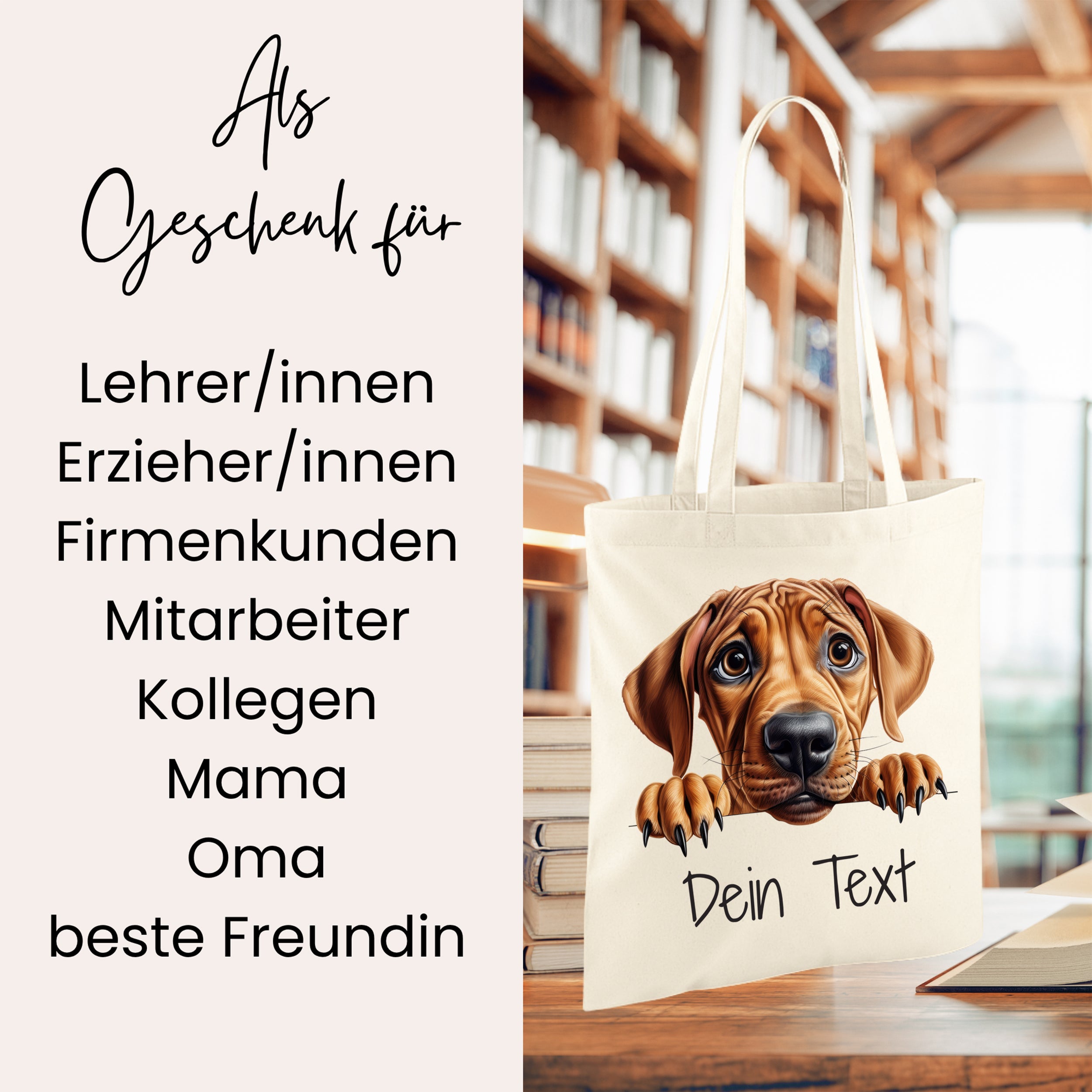 Beige Stofftasche mit Hundedesign und personalisierbarem Text.