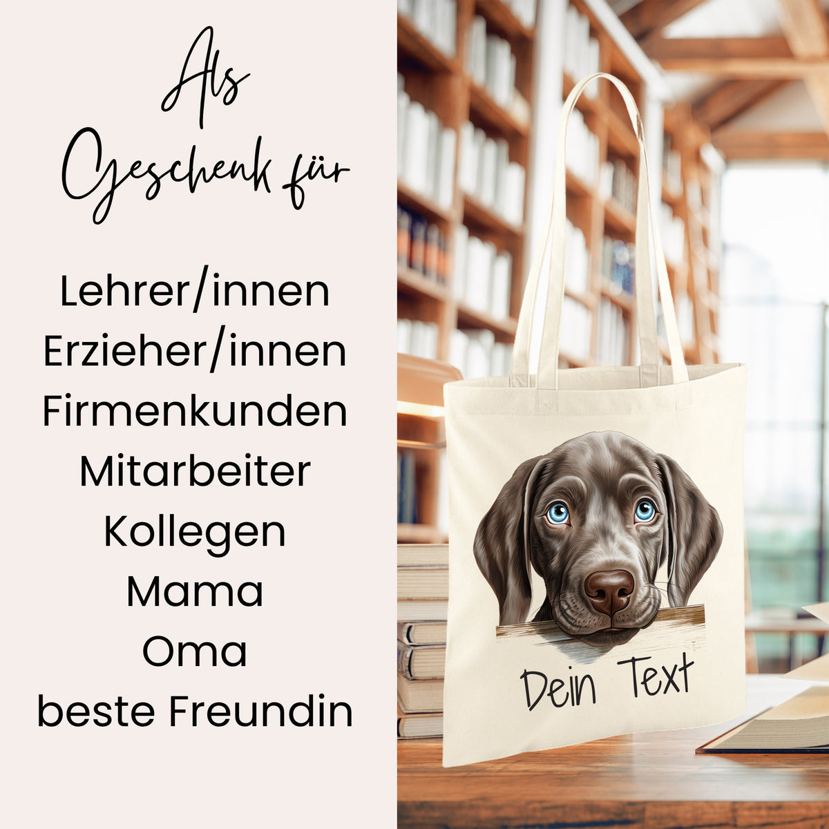 Beige Tasche mit Hundemotiv und personalisierbarem Text.