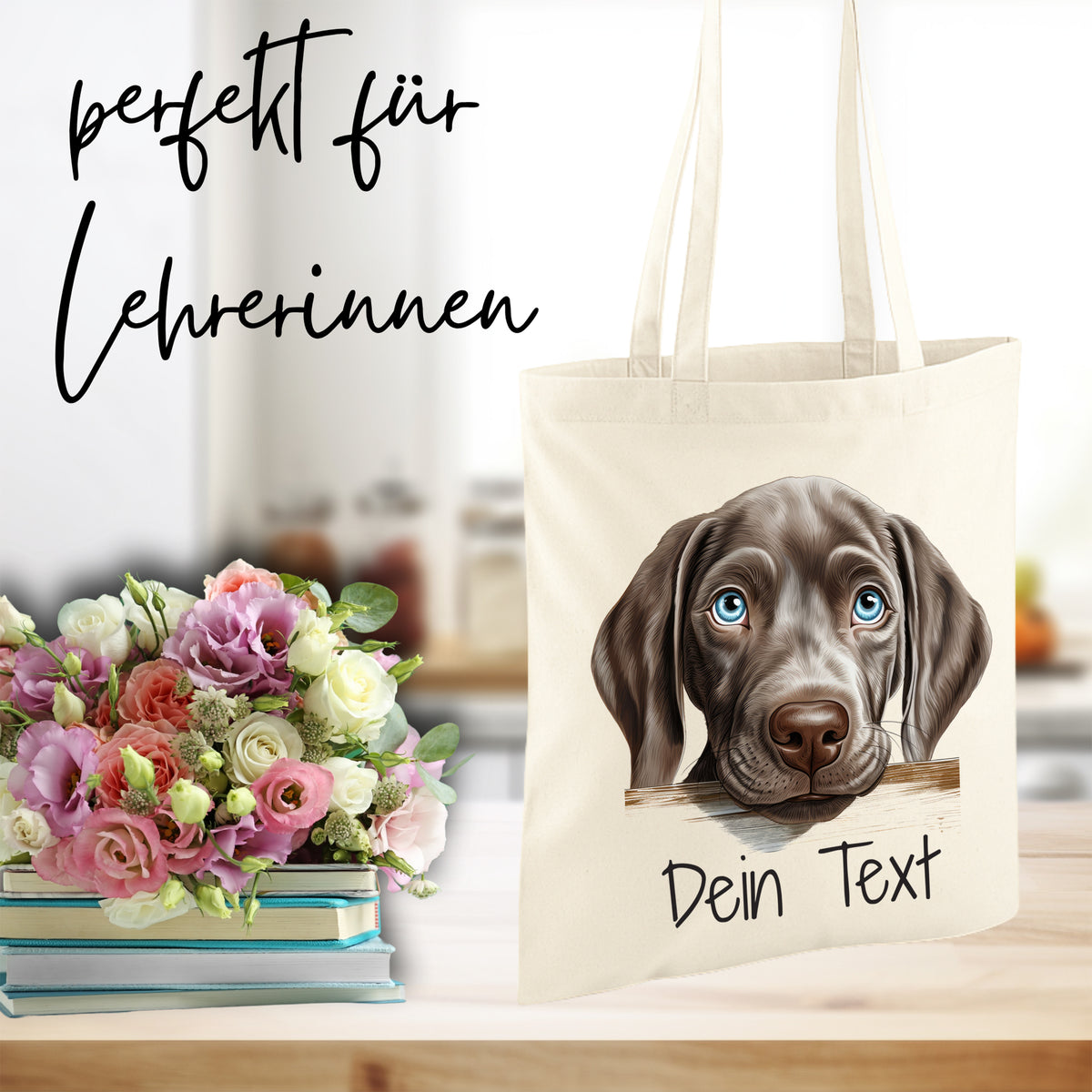 Beige Tasche mit Hundemotiv und personalisierbarem Text.