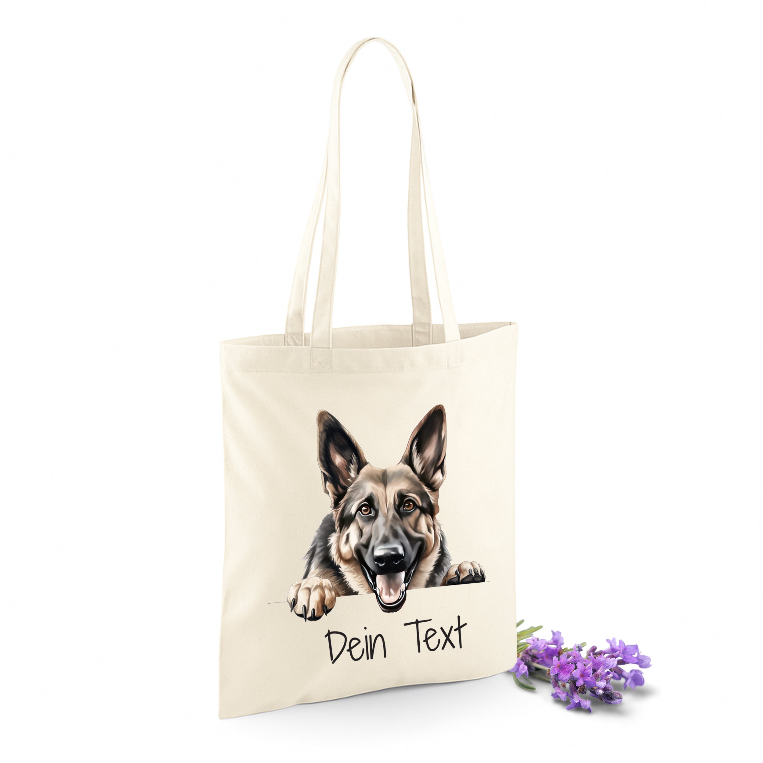 Beige Tragetasche mit Hundemotiv und personalisierbarem Text.