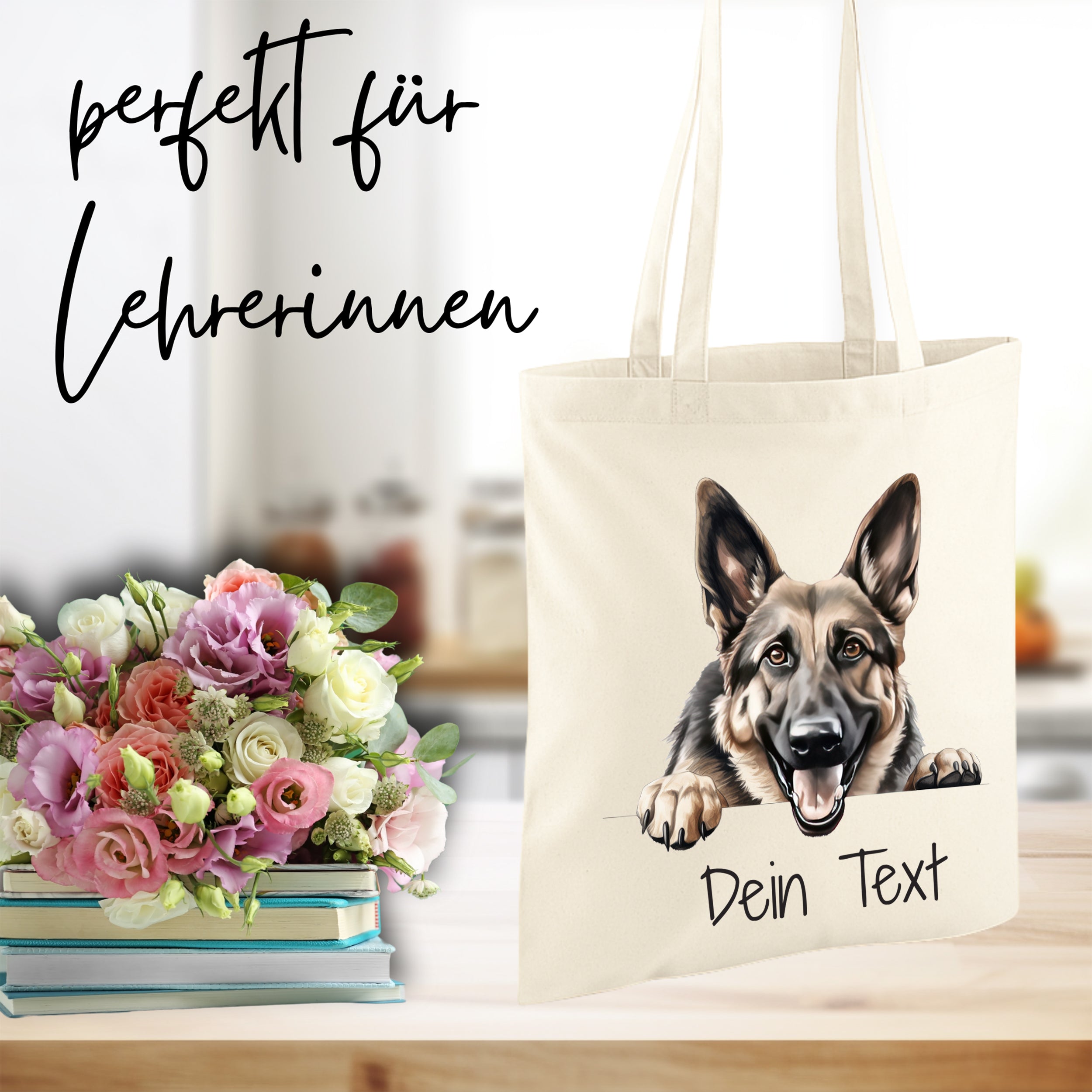 Beige Stofftasche mit Schäferhund-Motiv und personalisierbarem Text.