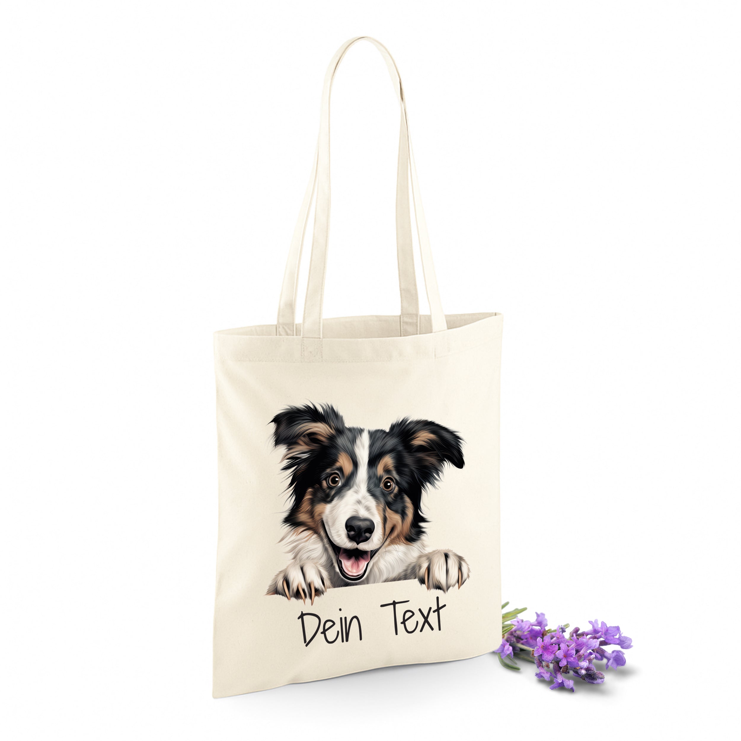 Beige Tasche mit Hundemotiv und personalisierbarem Text.