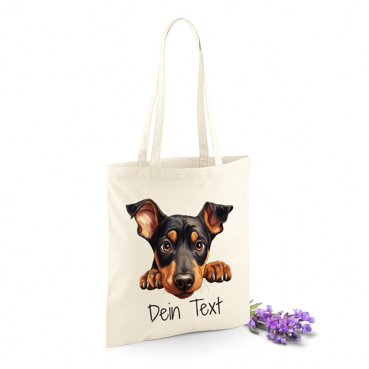 Beige Tasche mit Hundemotiv und personalisierbarem Text.