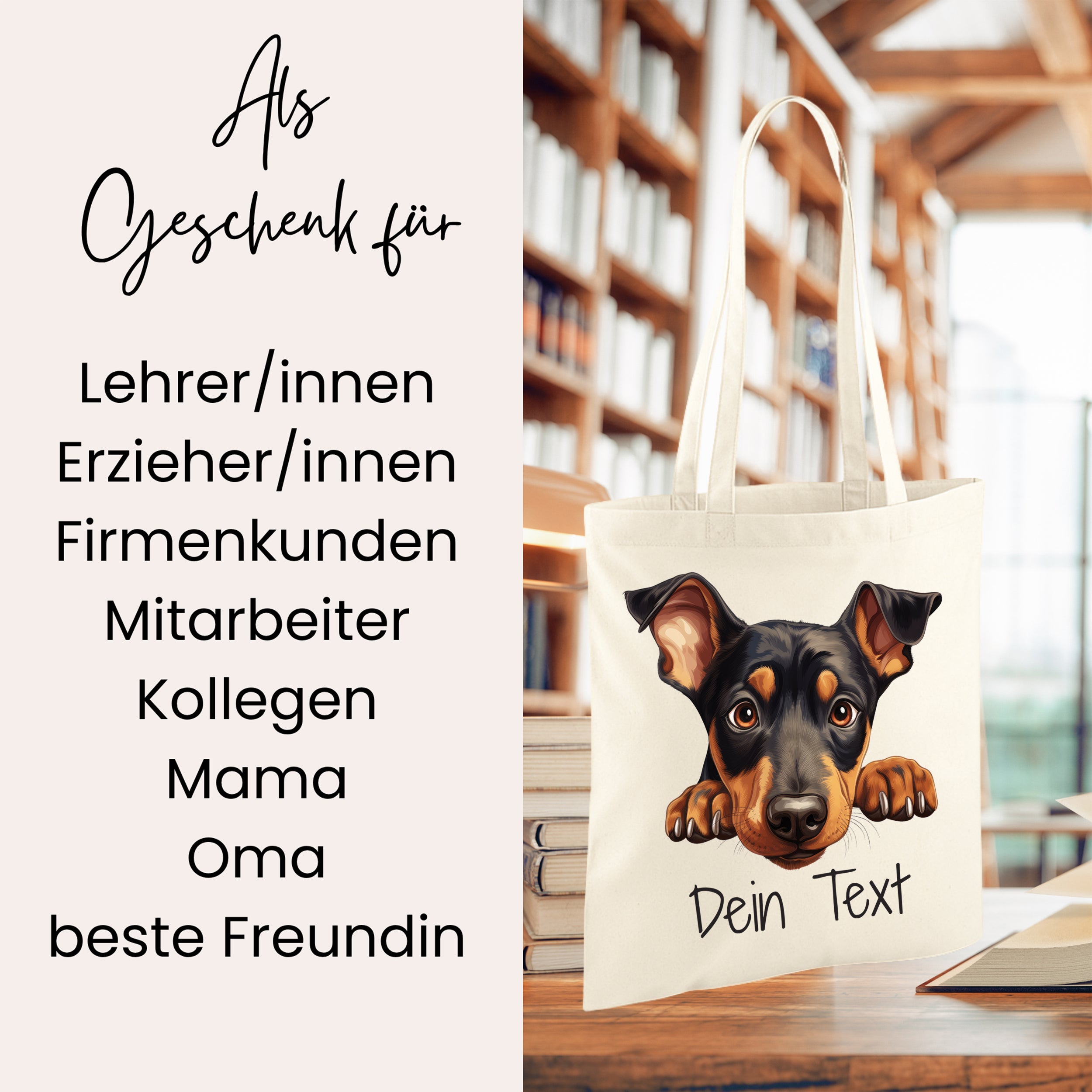 Beige Tragetasche mit Hundemotiv und personalisierbarem Text.