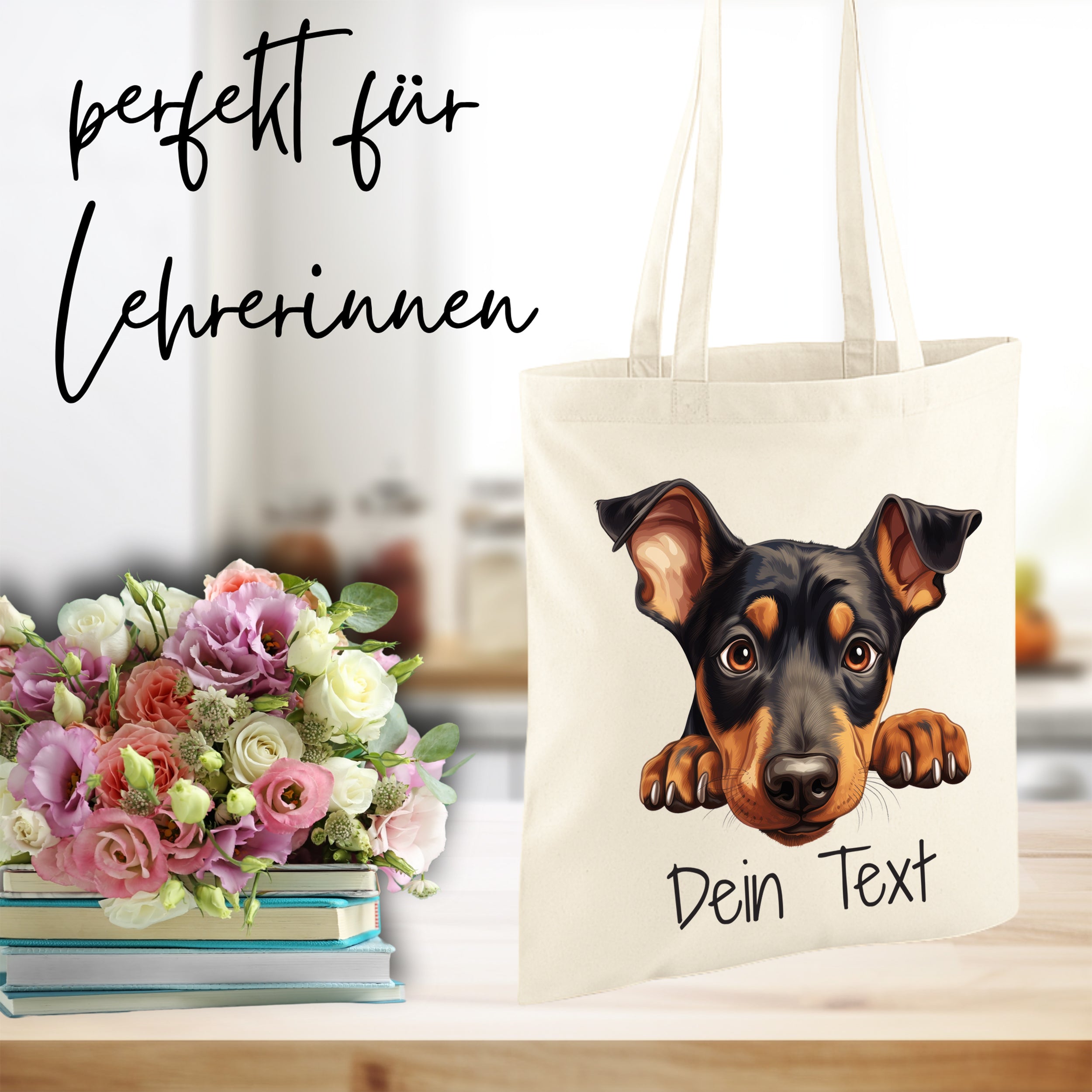 Beige Tasche mit Hundemotiv und personalisierbarem Text.