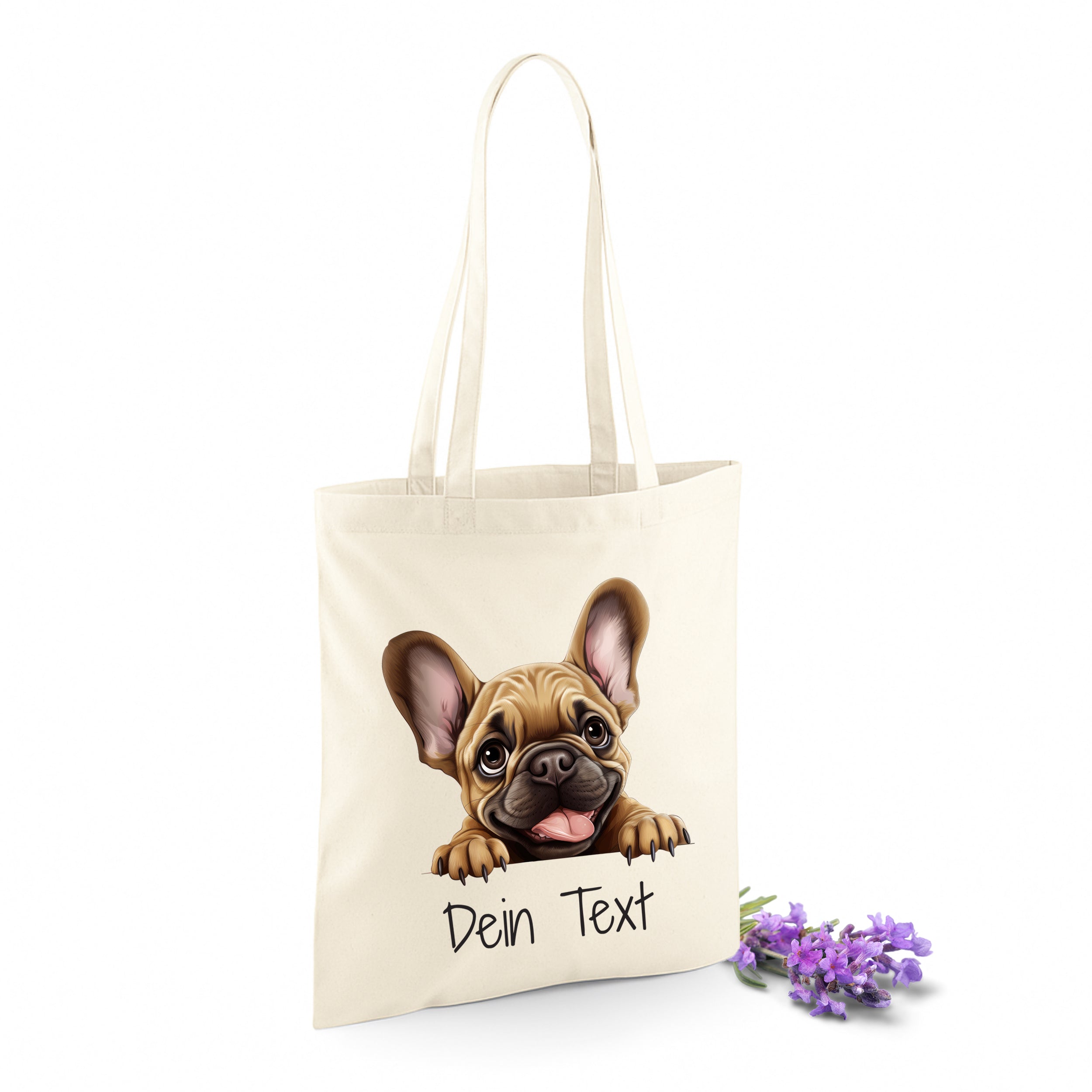 Beige Tasche mit französischem Bulldoggen-Motiv und personalisierbarem Text.