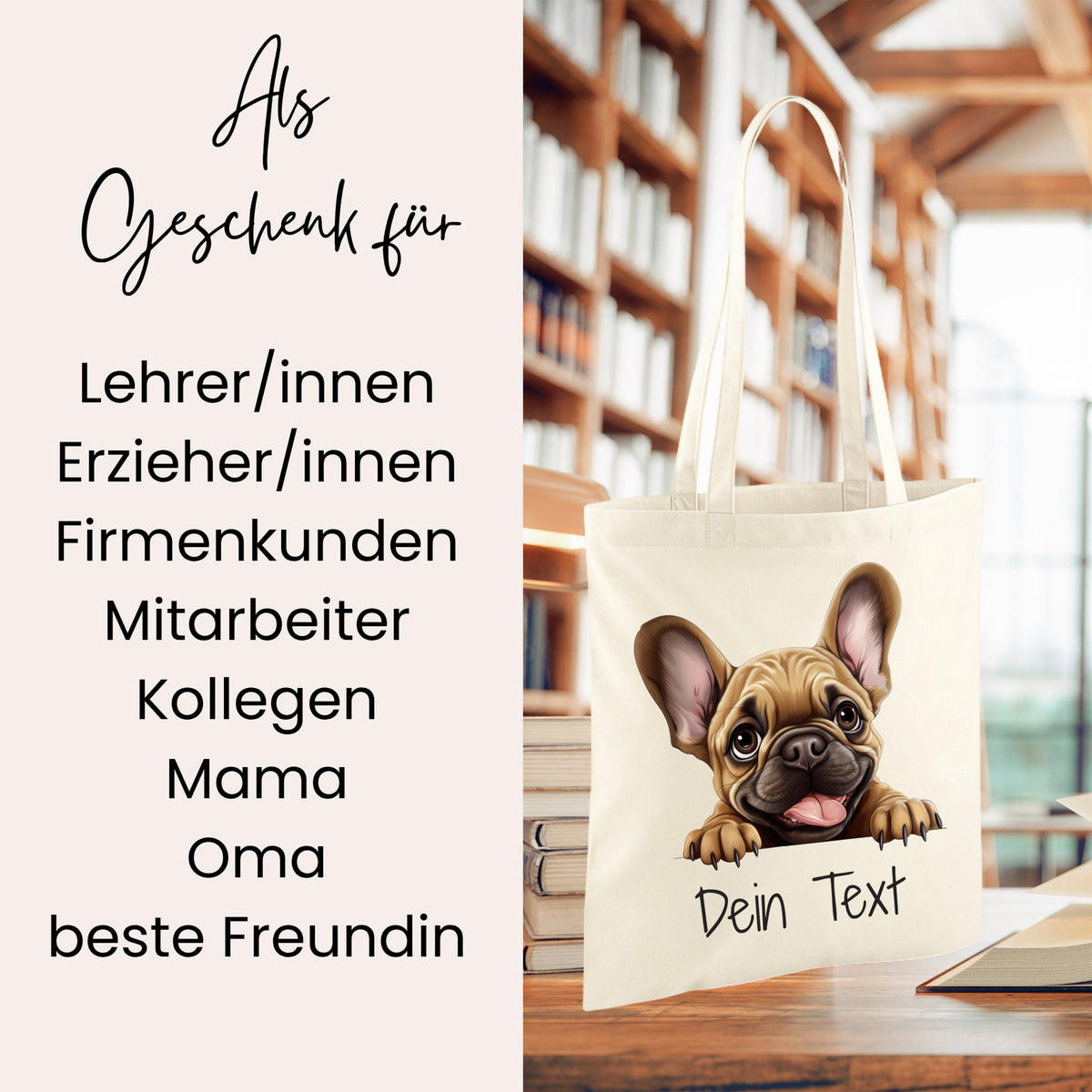 Beige Stofftasche mit französischem Bulldoggen-Motiv und personalisierbarem Text.