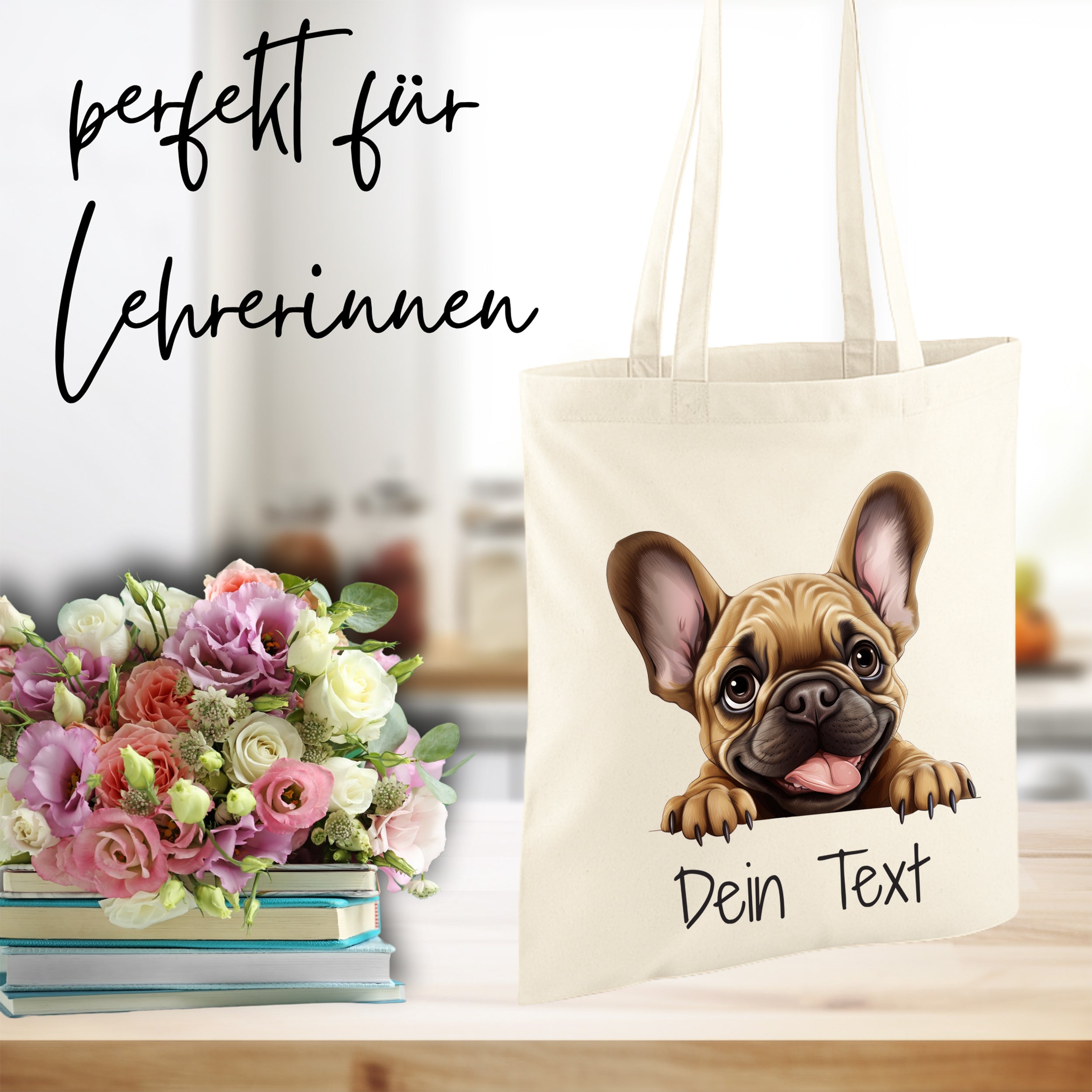 Beige Tasche mit französischem Bulldoggen-Motiv und personalisierbarem Text.