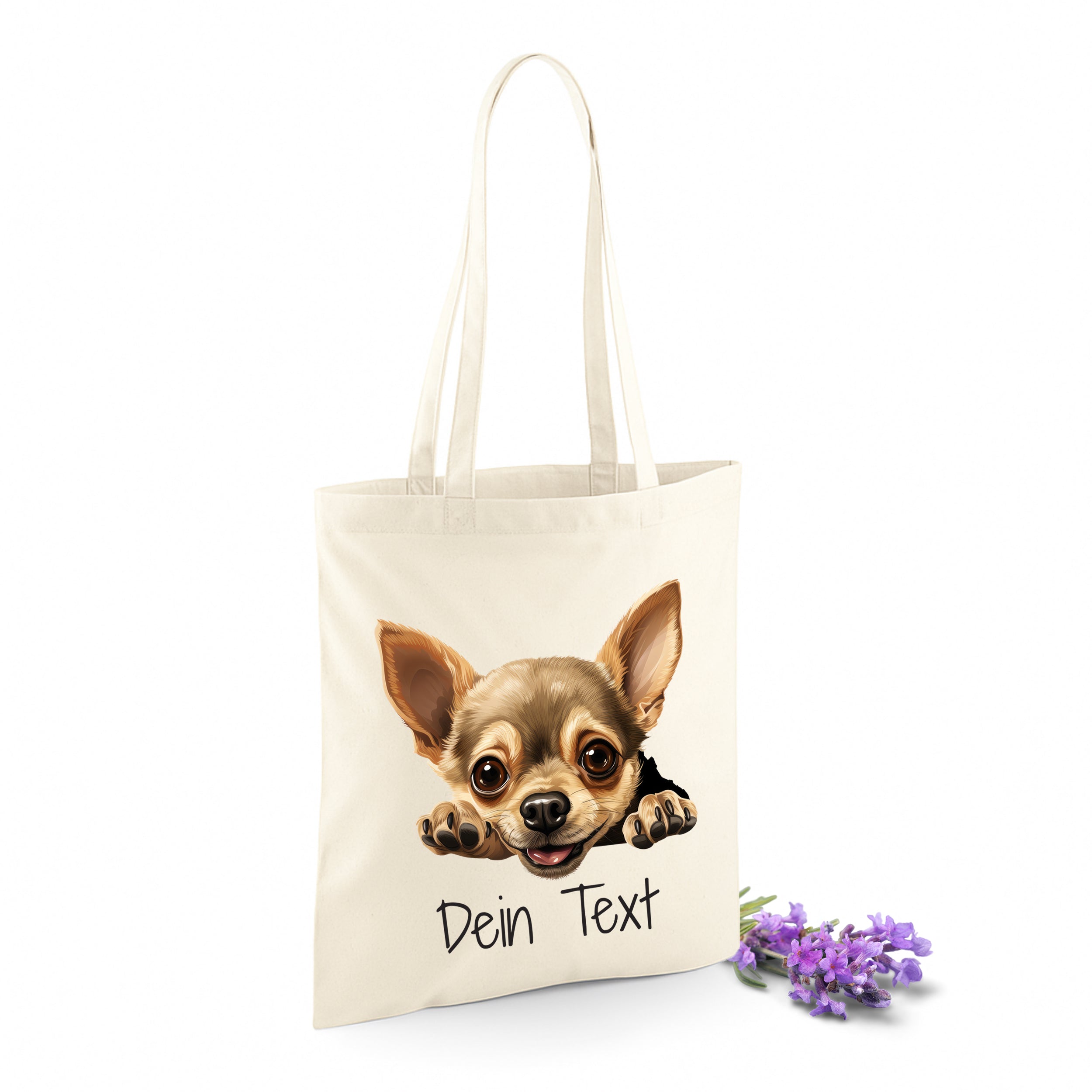 Beige Tragetasche mit Chihuahua-Motiv und personalisiertem Text.