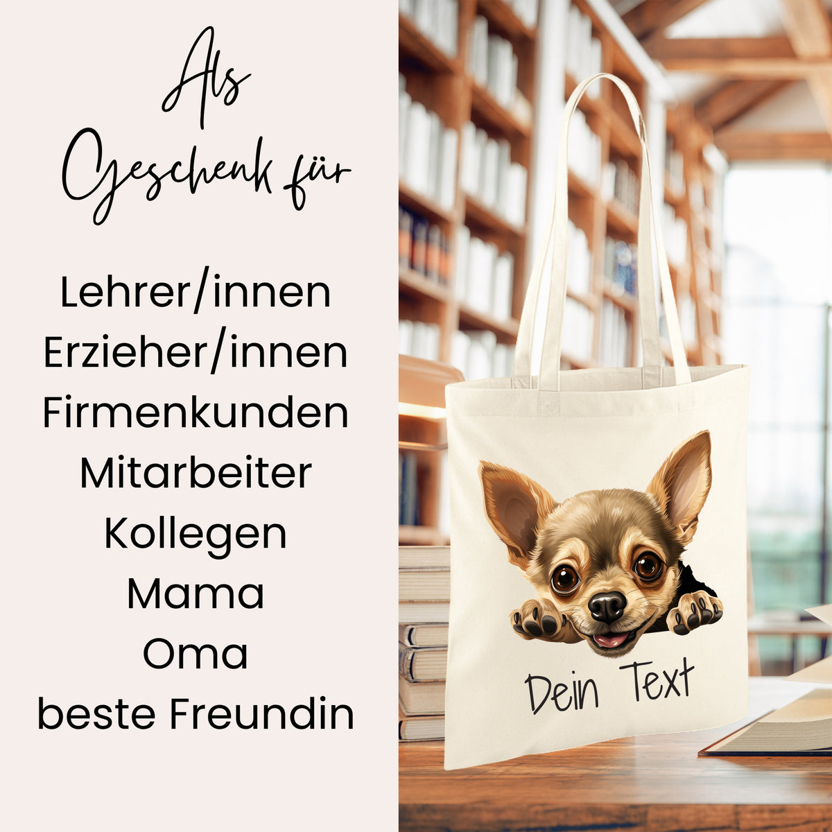 Beige Tasche mit Chihuahua-Motiv und personalisierbarem Text.