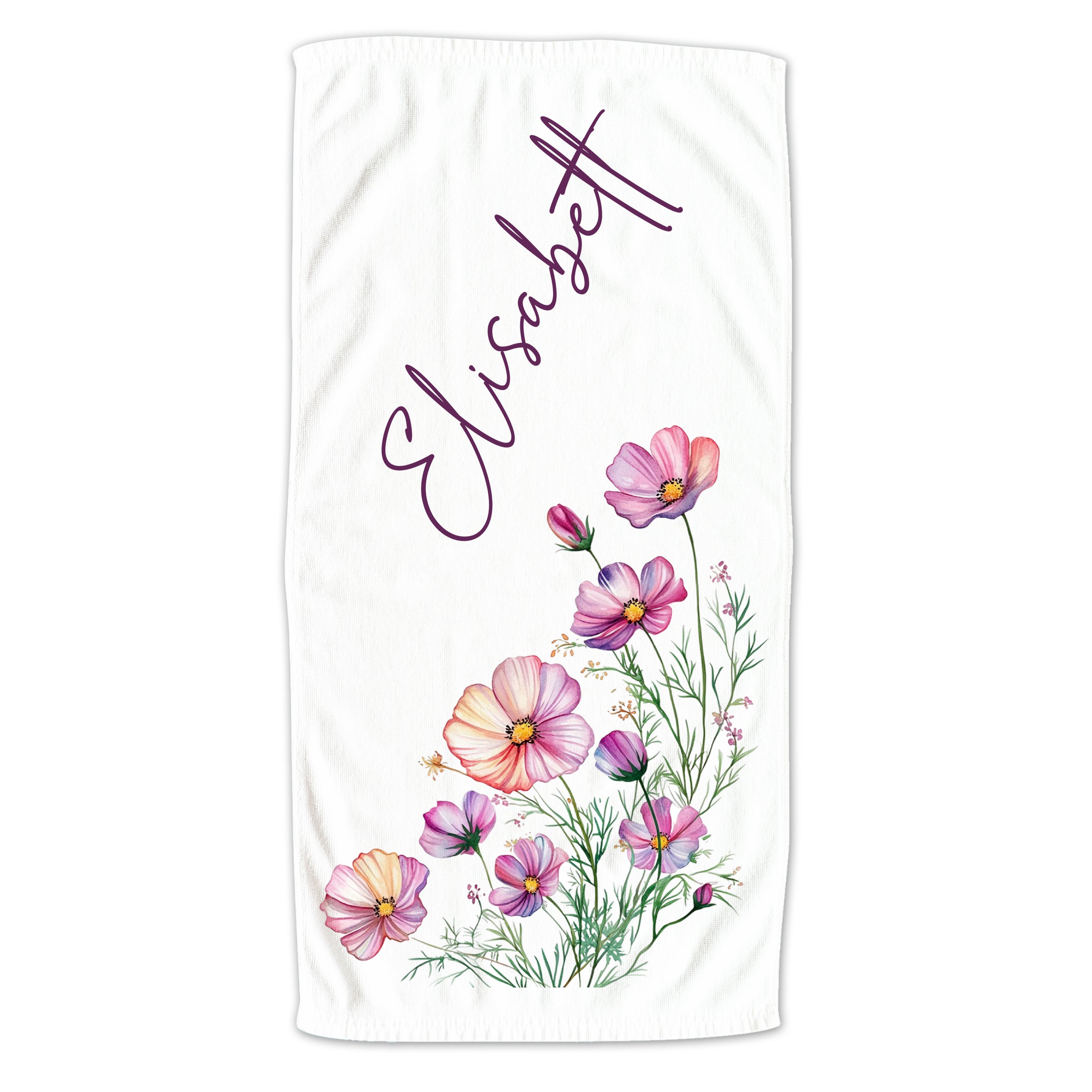 Weißes Handtuch mit bunten Blumen und dem Namen Elisabet.