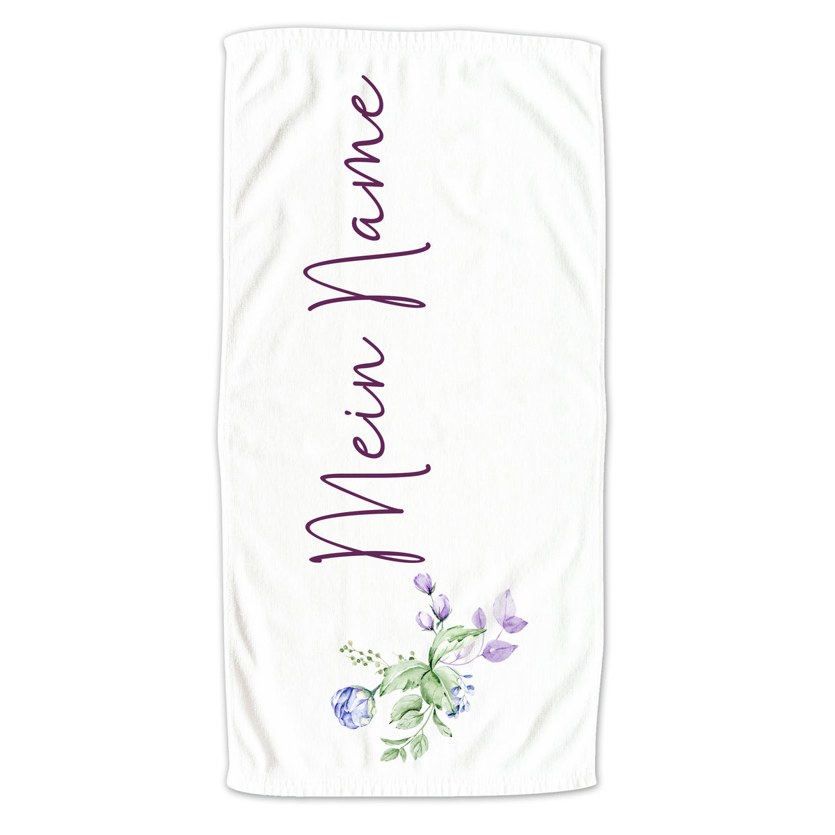 Weißes Handtuch mit lila Schriftzug und floralen Motiven.