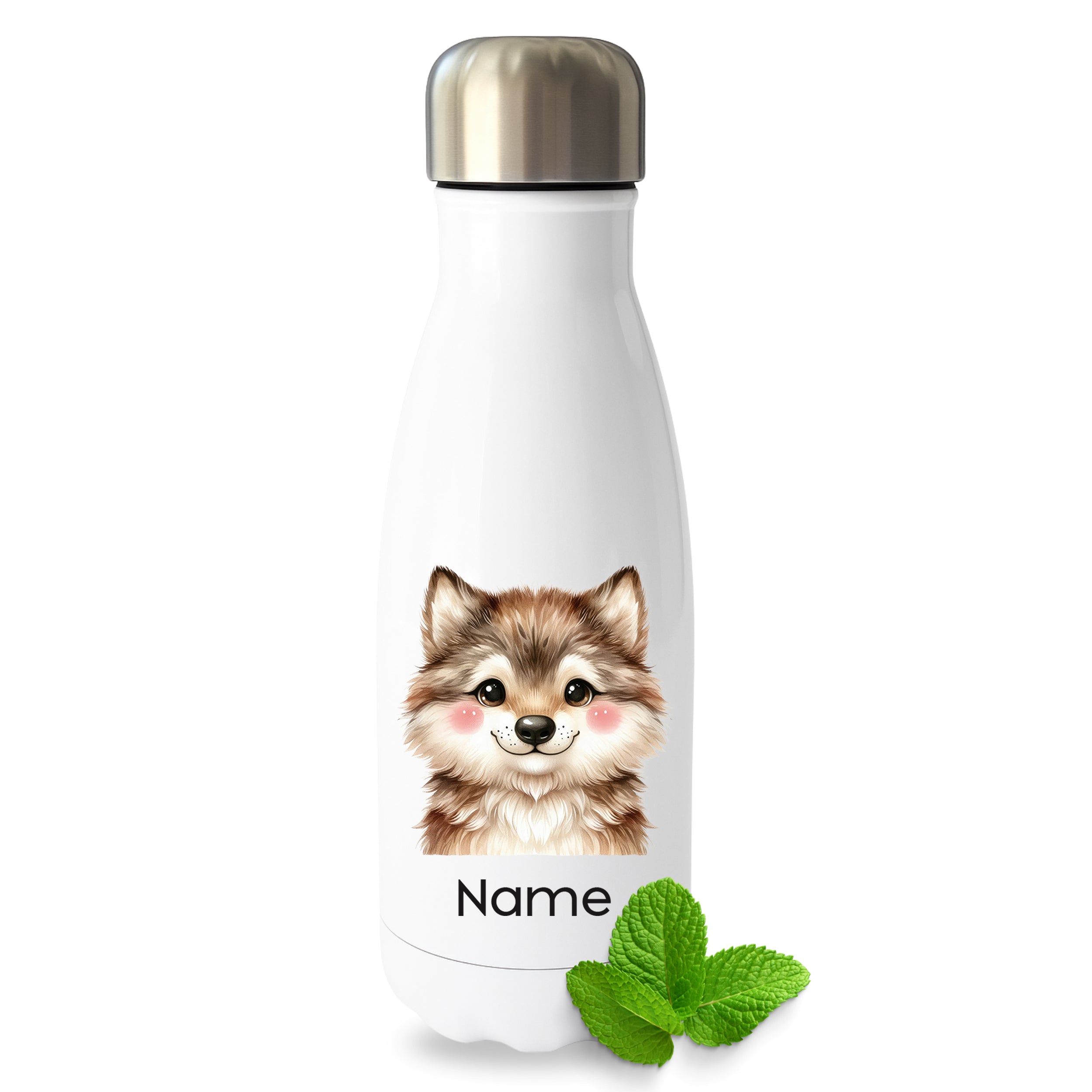 Weiße Thermoflasche mit Wolfsmotiv und Wunschname
