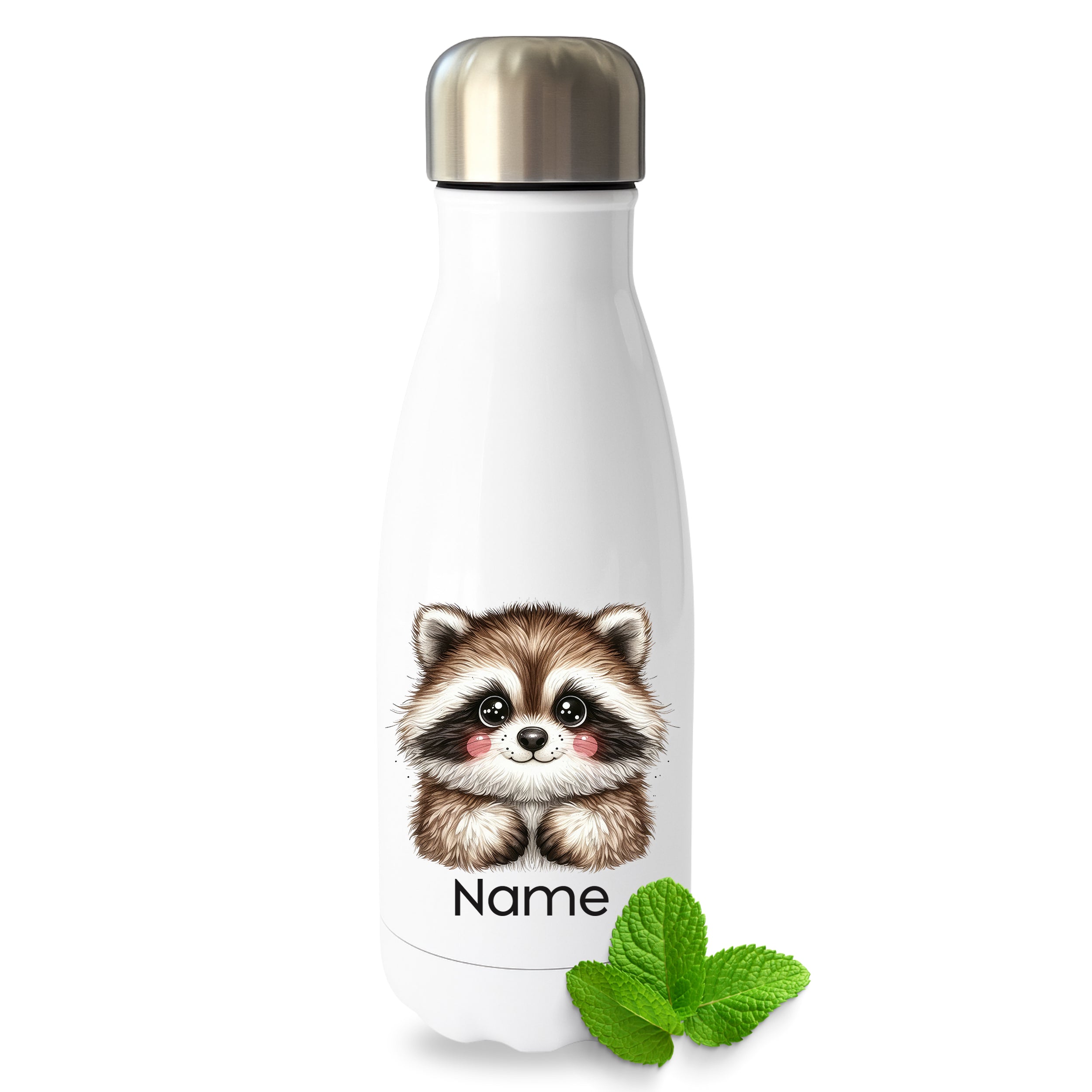 Weiße Thermoflasche mit Waschbärmotiv und Wunschname