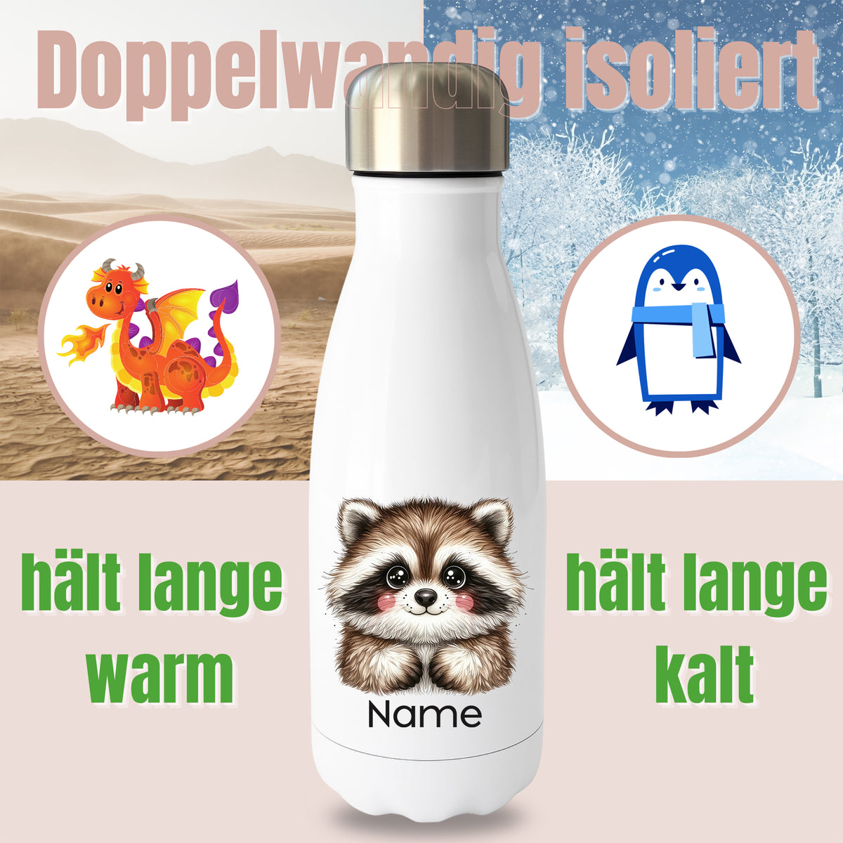 Weiße Thermoflasche mit Waschbärmotiv und Wunschname vor Produktgrafik