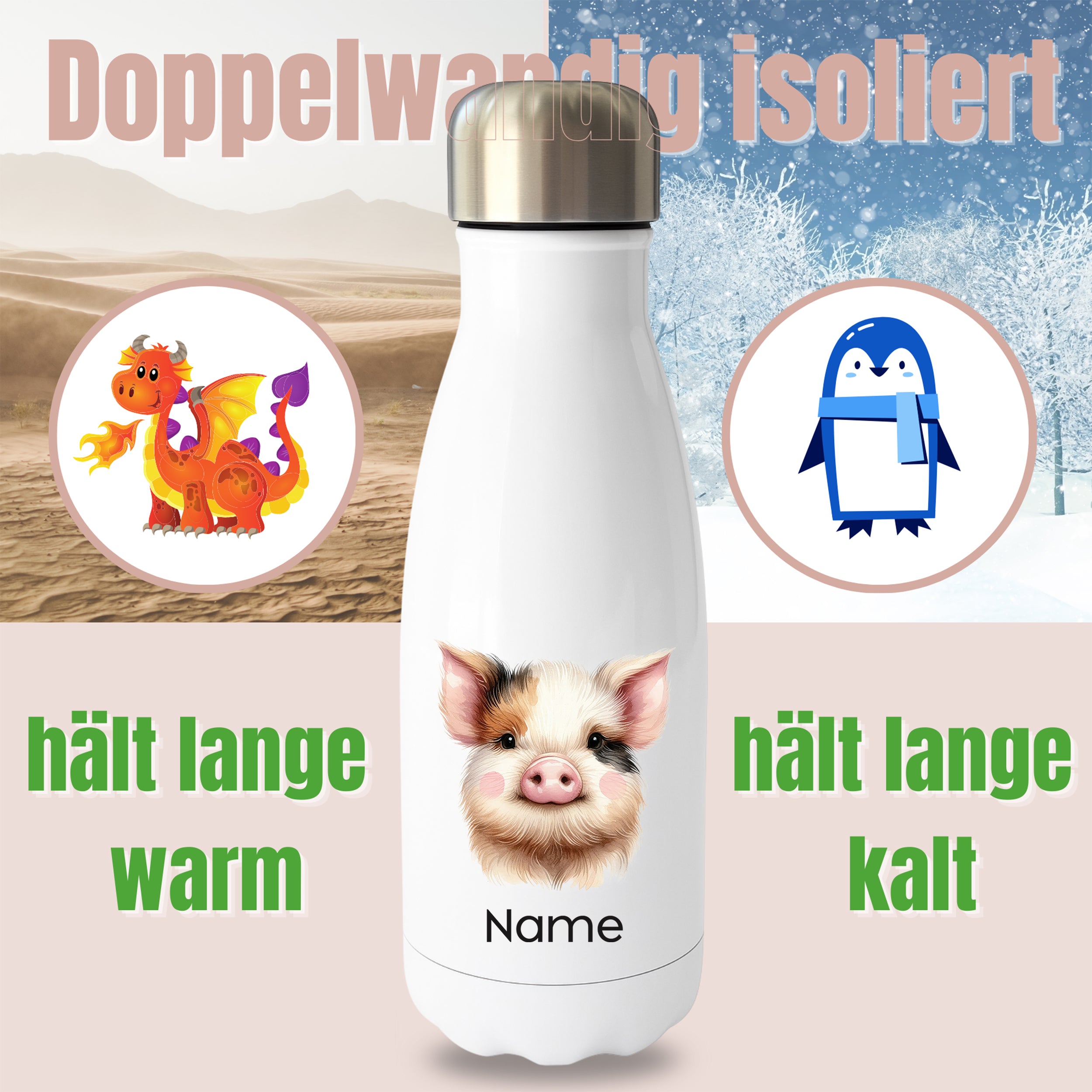 Weiße Thermoflasche mit Schweinemotiv und Wunschname vor Produktgrafik